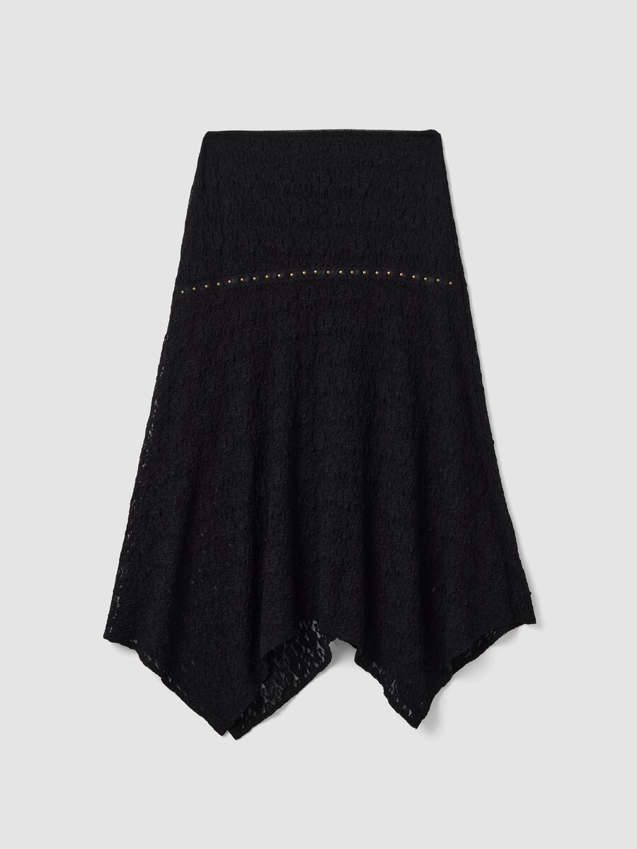 Black stretch skirt with asymmetric lace hem_0