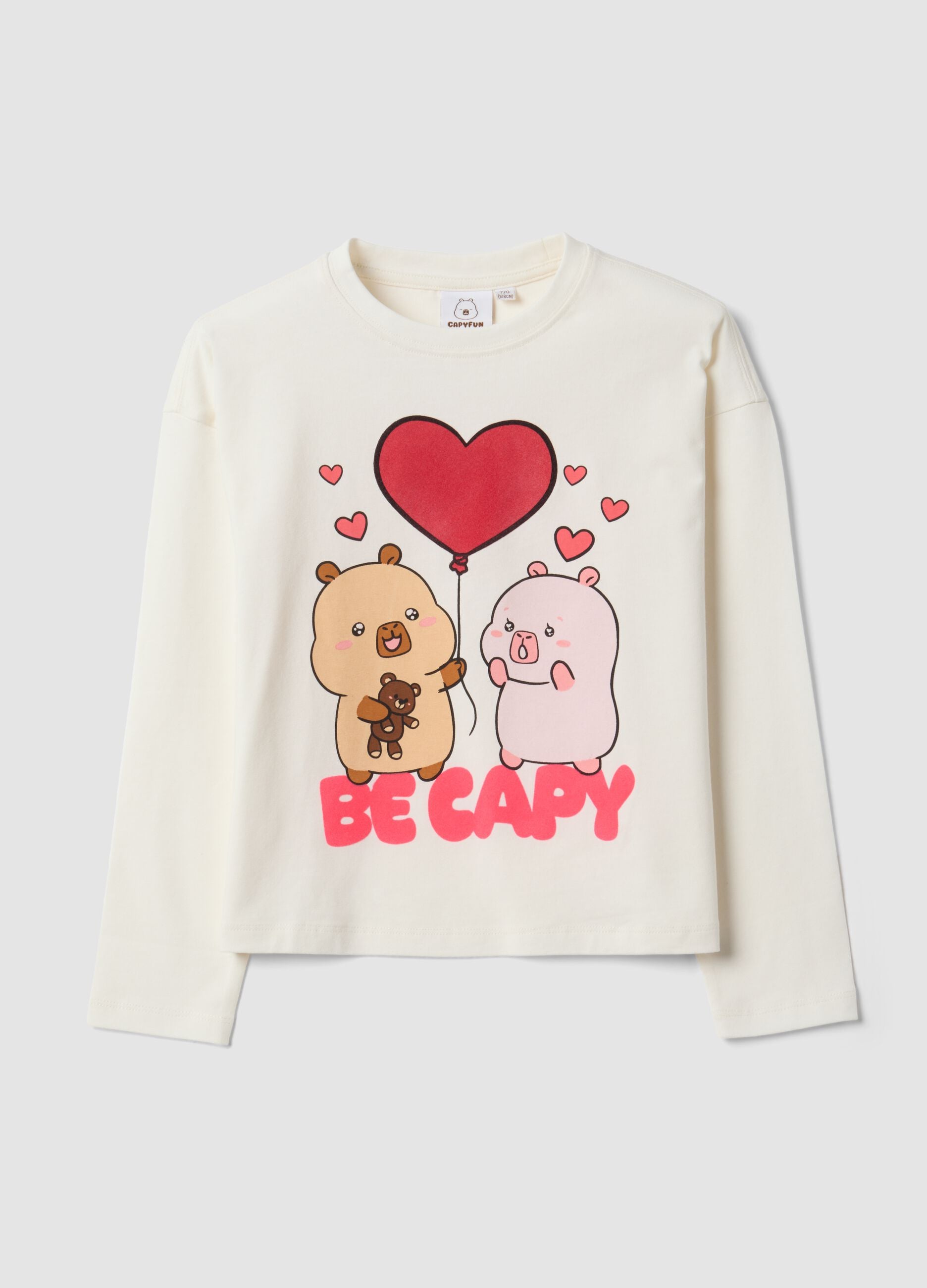 White stretch cotton capybara print T-shirt for girls