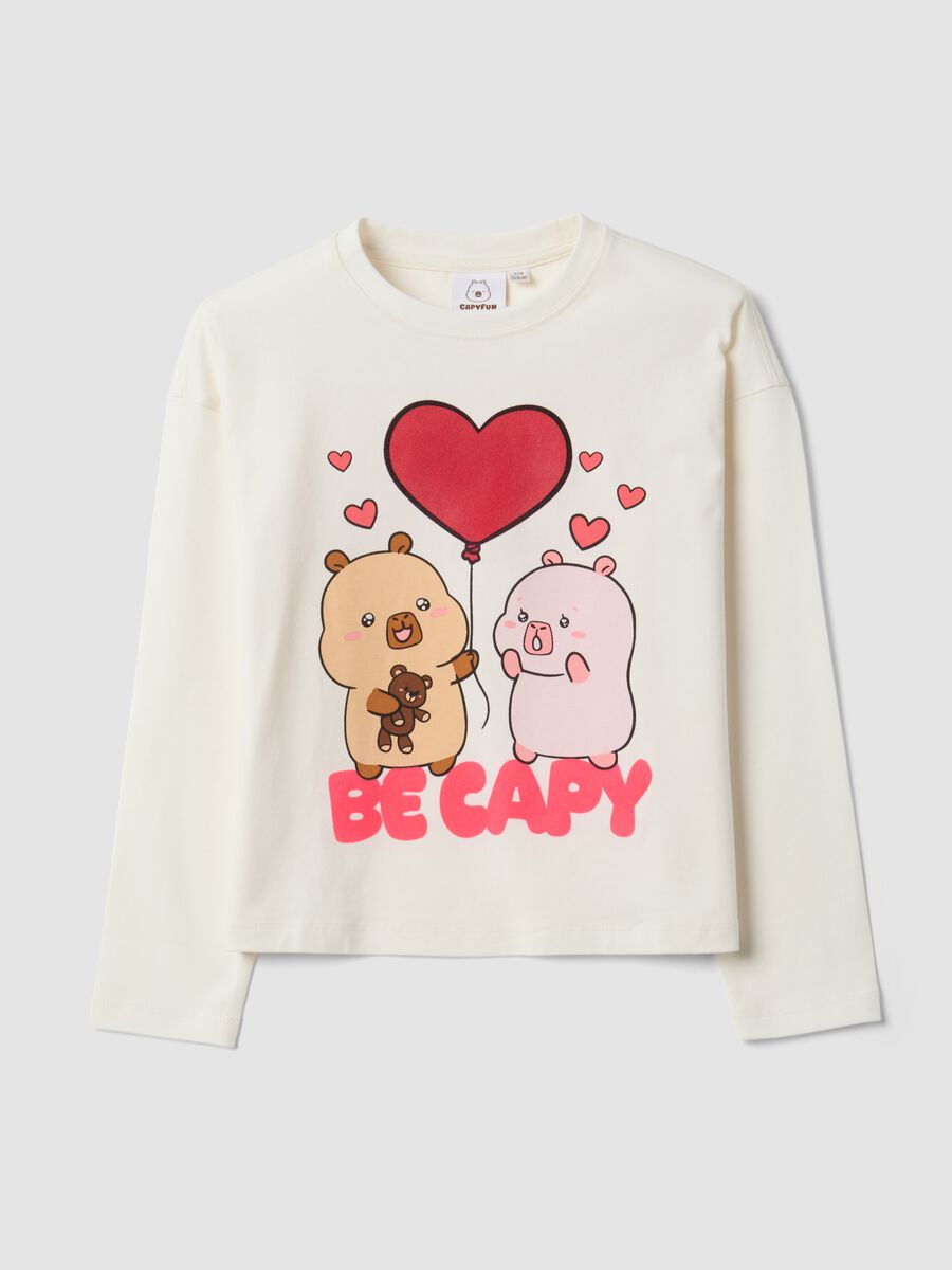 White stretch cotton capybara print T-shirt for girls_0