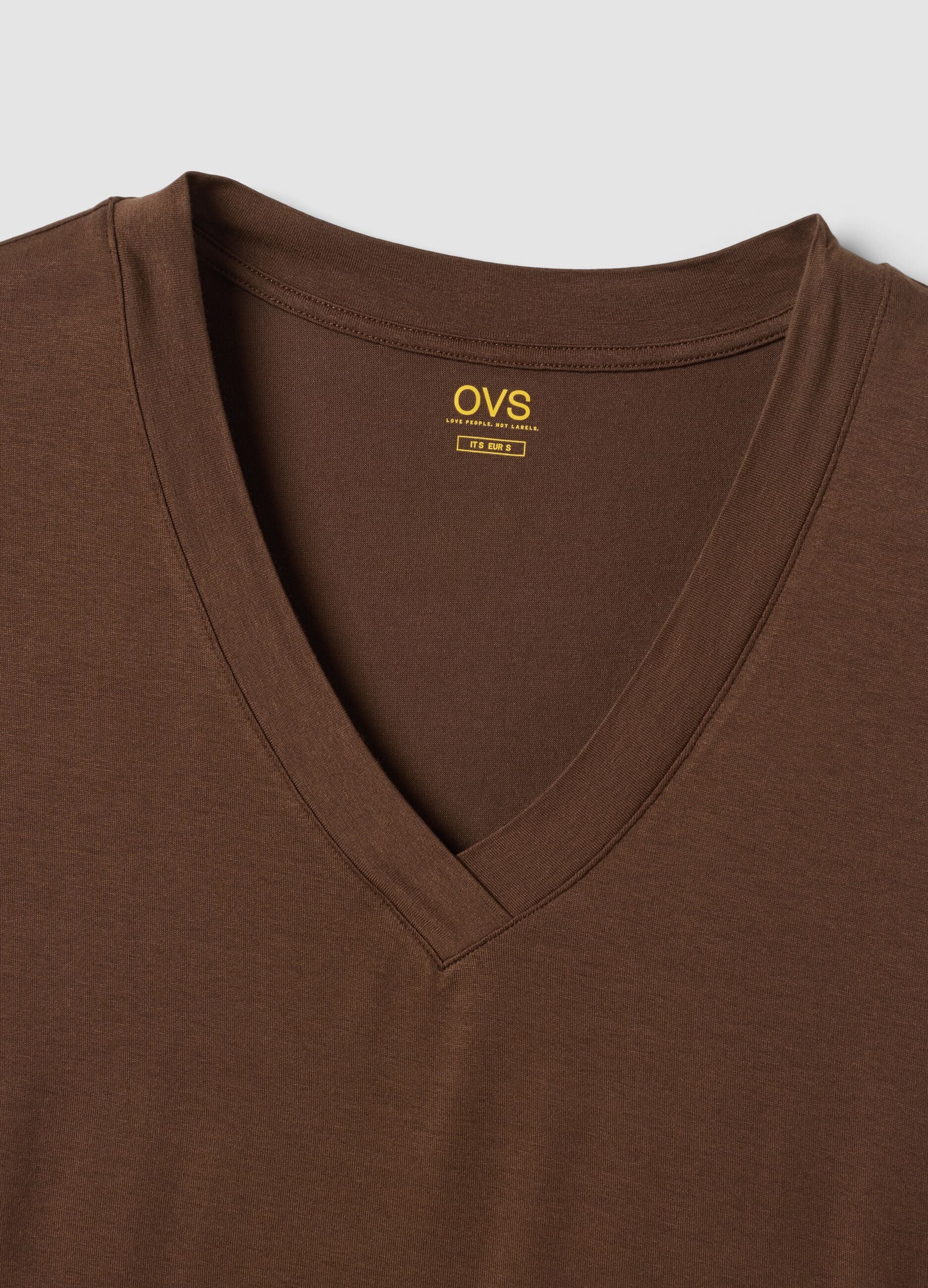 Brown stretch viscose V-neck T-shirt