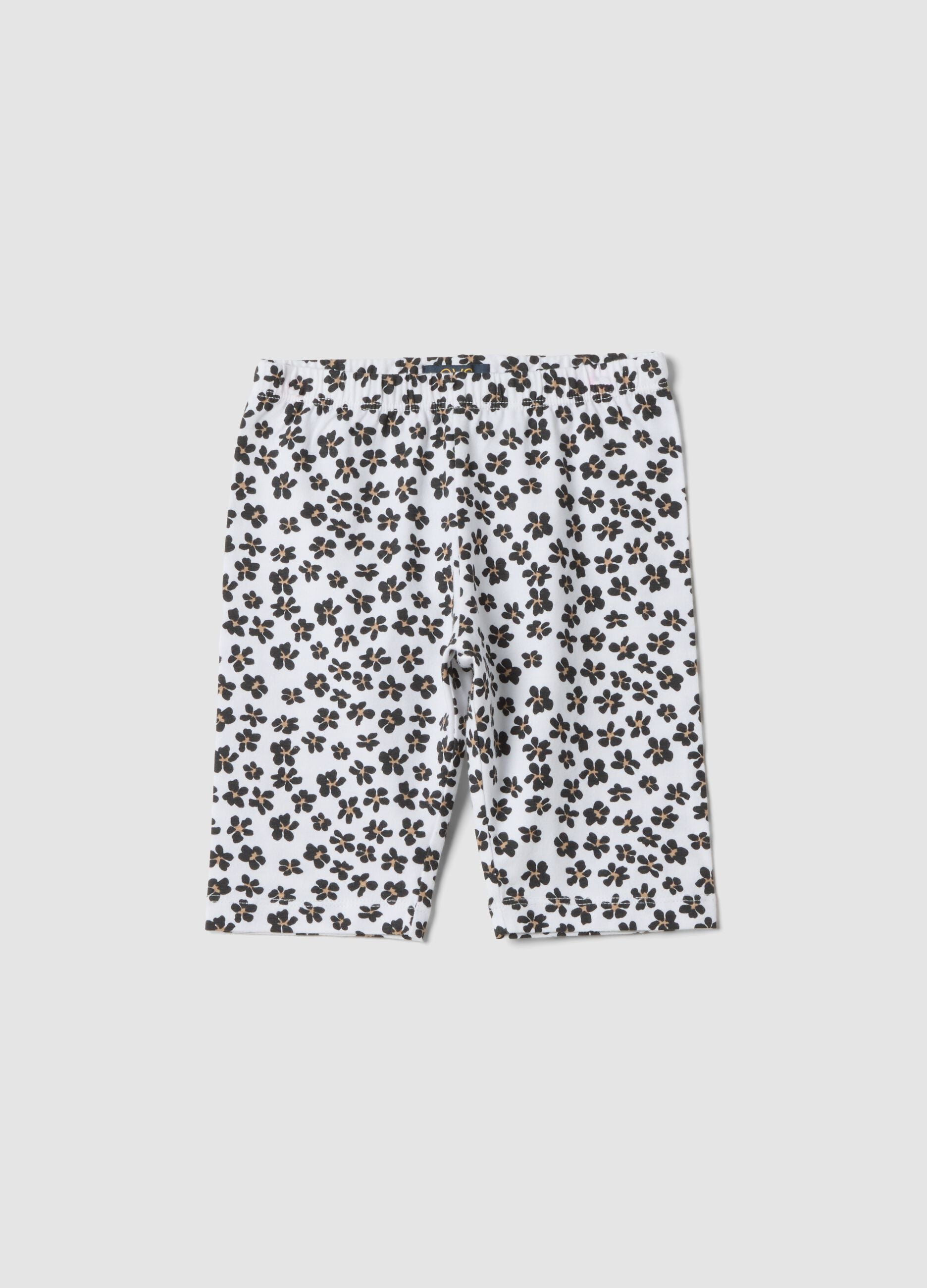 White organic cotton shorts with floral print