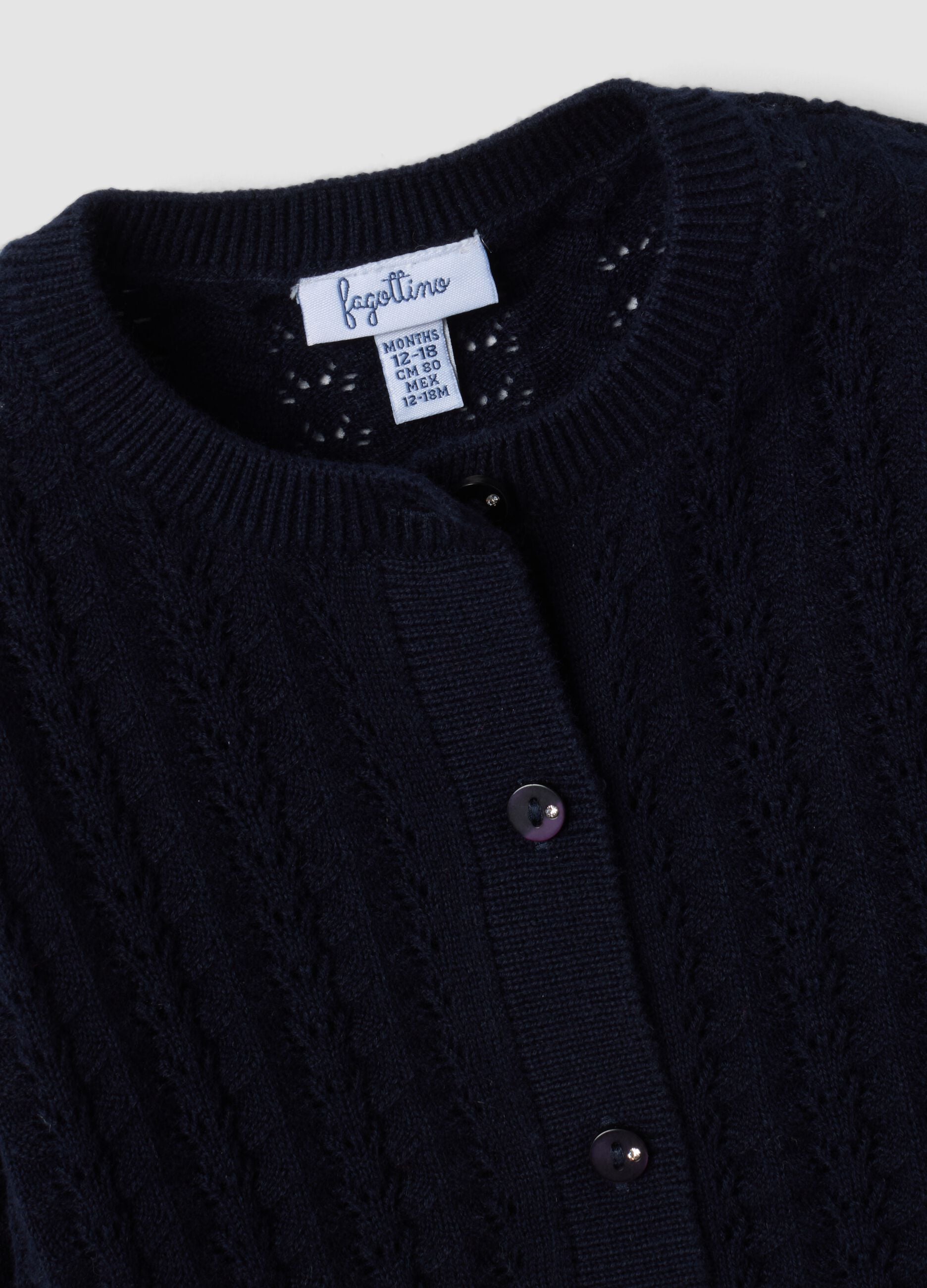 Blue pure cotton openwork knit cardigan for baby girls