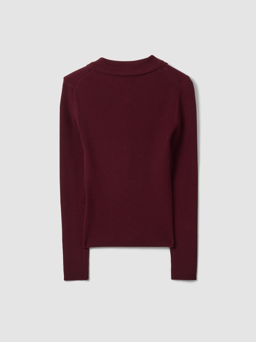Red fitted ribbed cardigan in viscose blend with polo collar_5