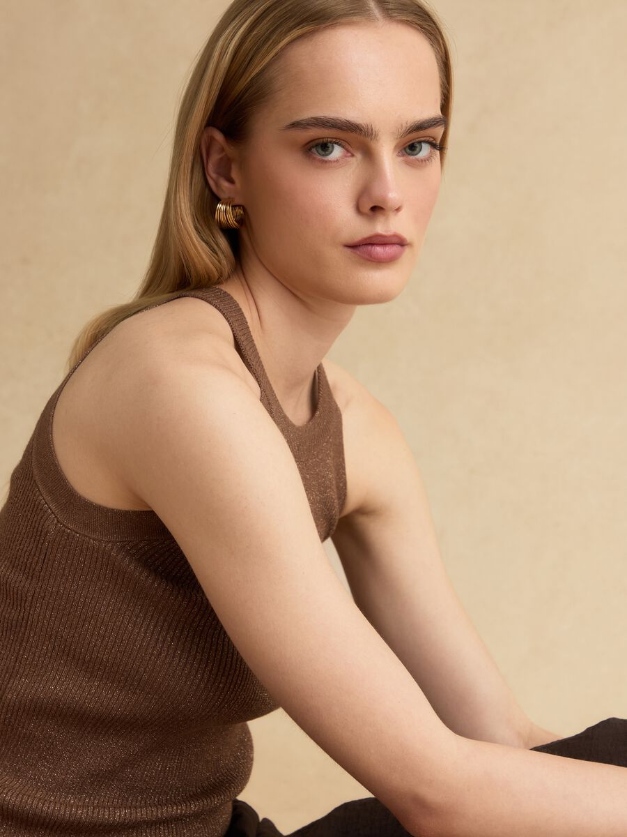 Brown viscose blend fitted tank top_1
