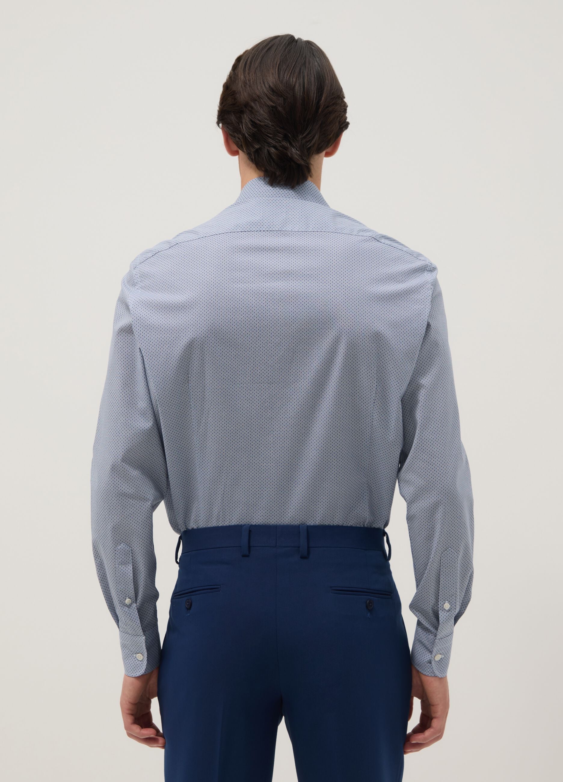 Slim fit blue stretch cotton shirt with micro checks