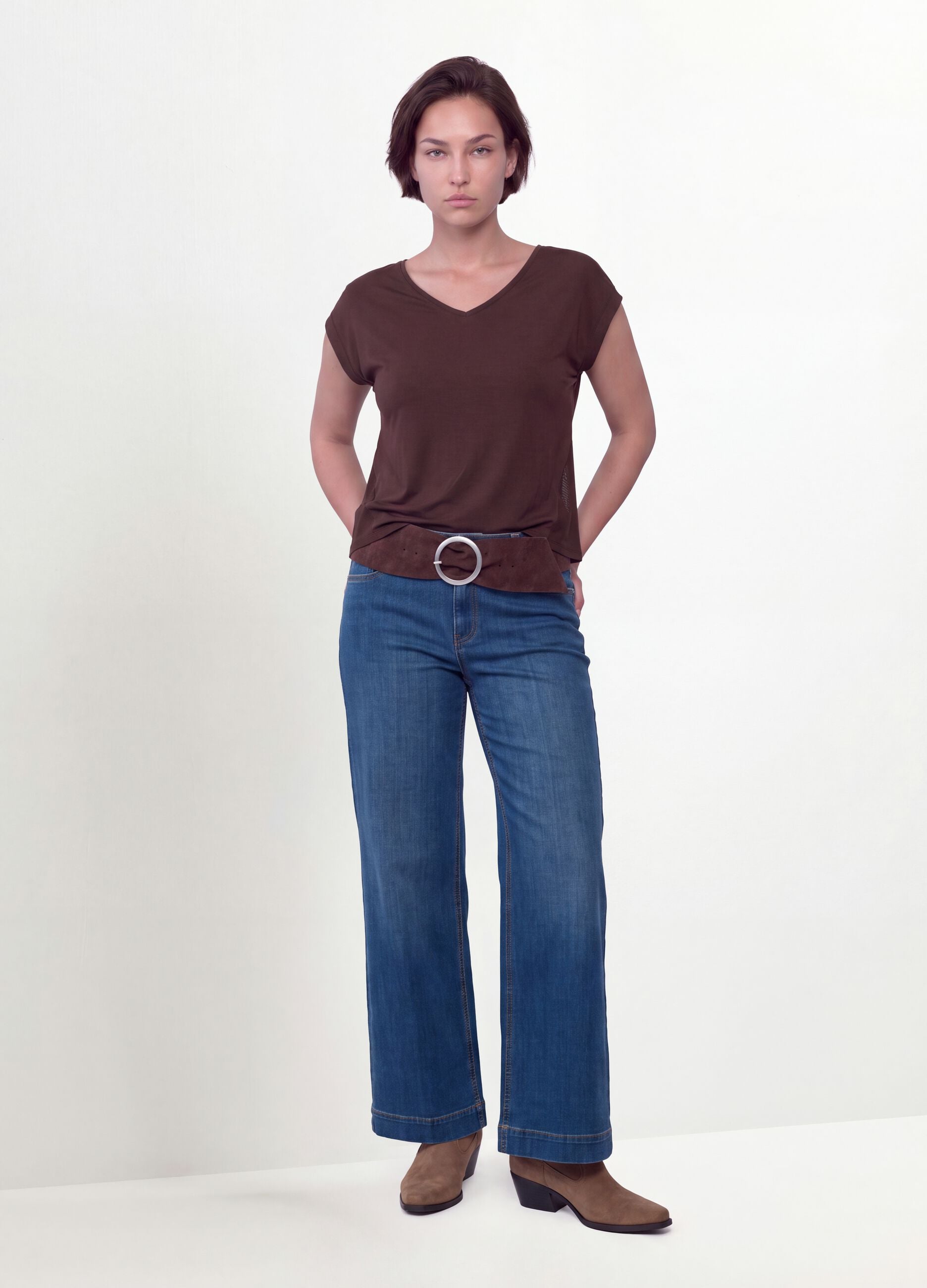 Brown pure viscose V-neck T-shirt, regular fit