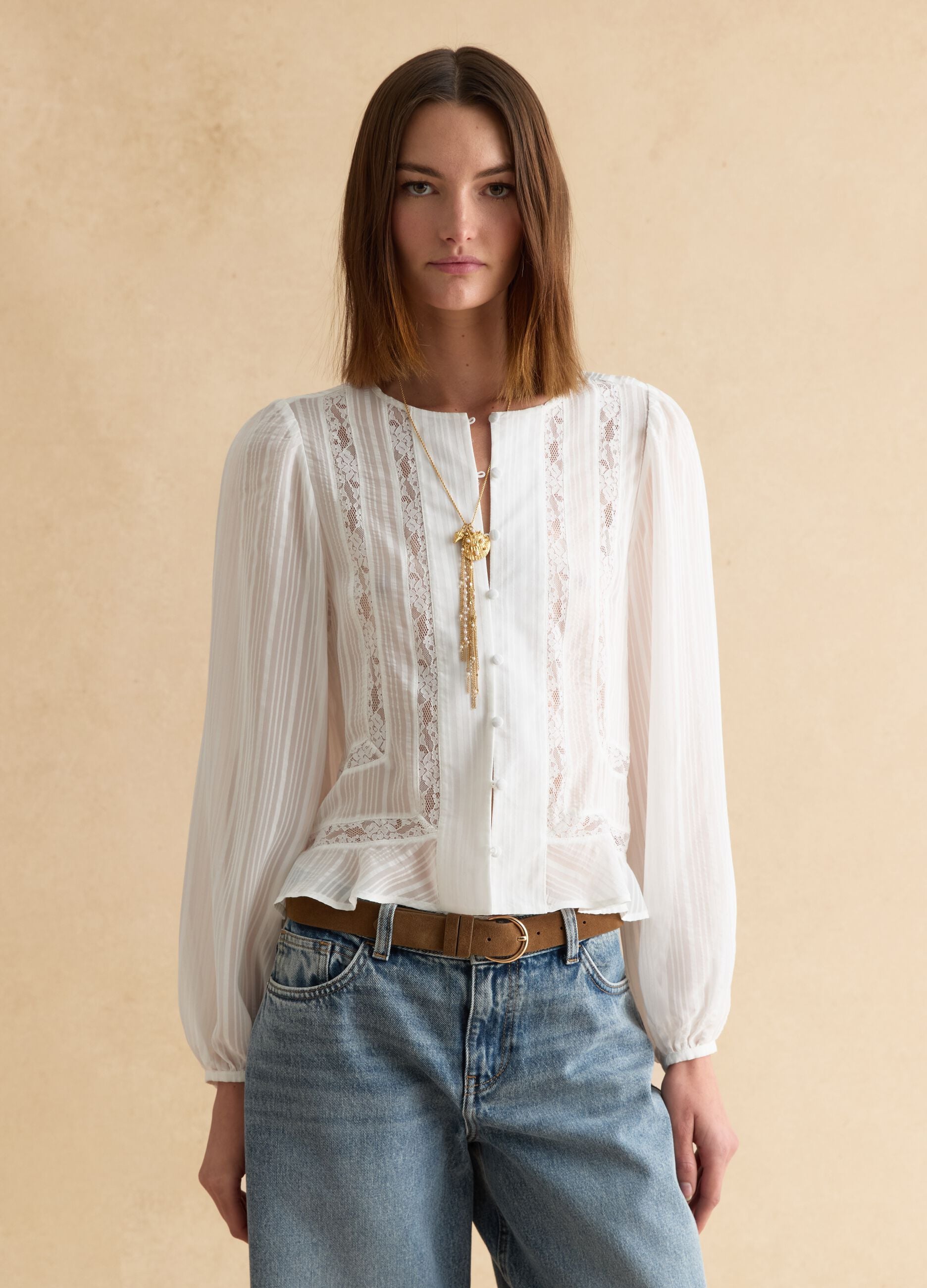 White pure viscose shirt regular fit with lace details
