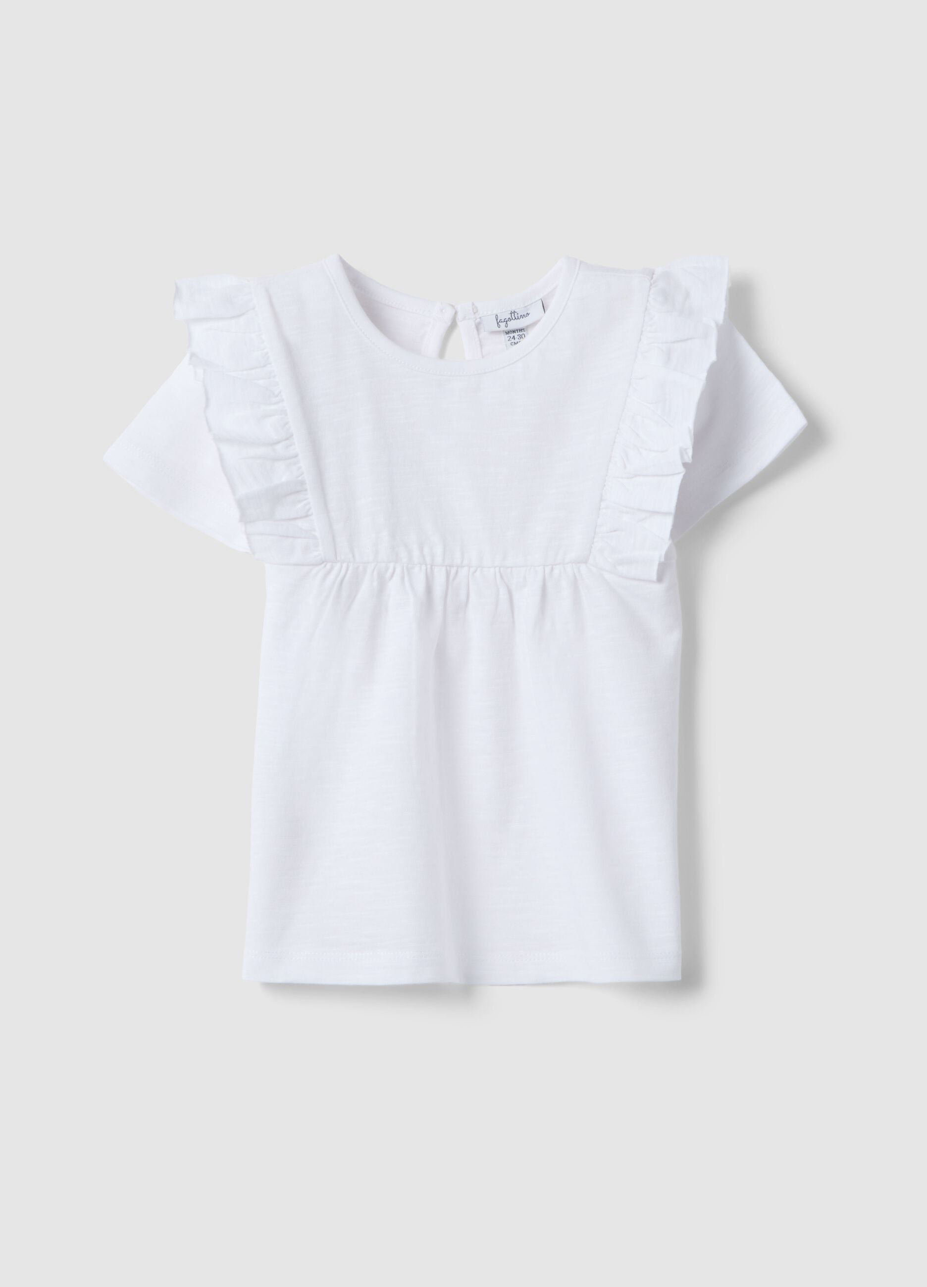 Girls&rsquo; white pure cotton T-shirt, regular fit, with ruffle sleeves