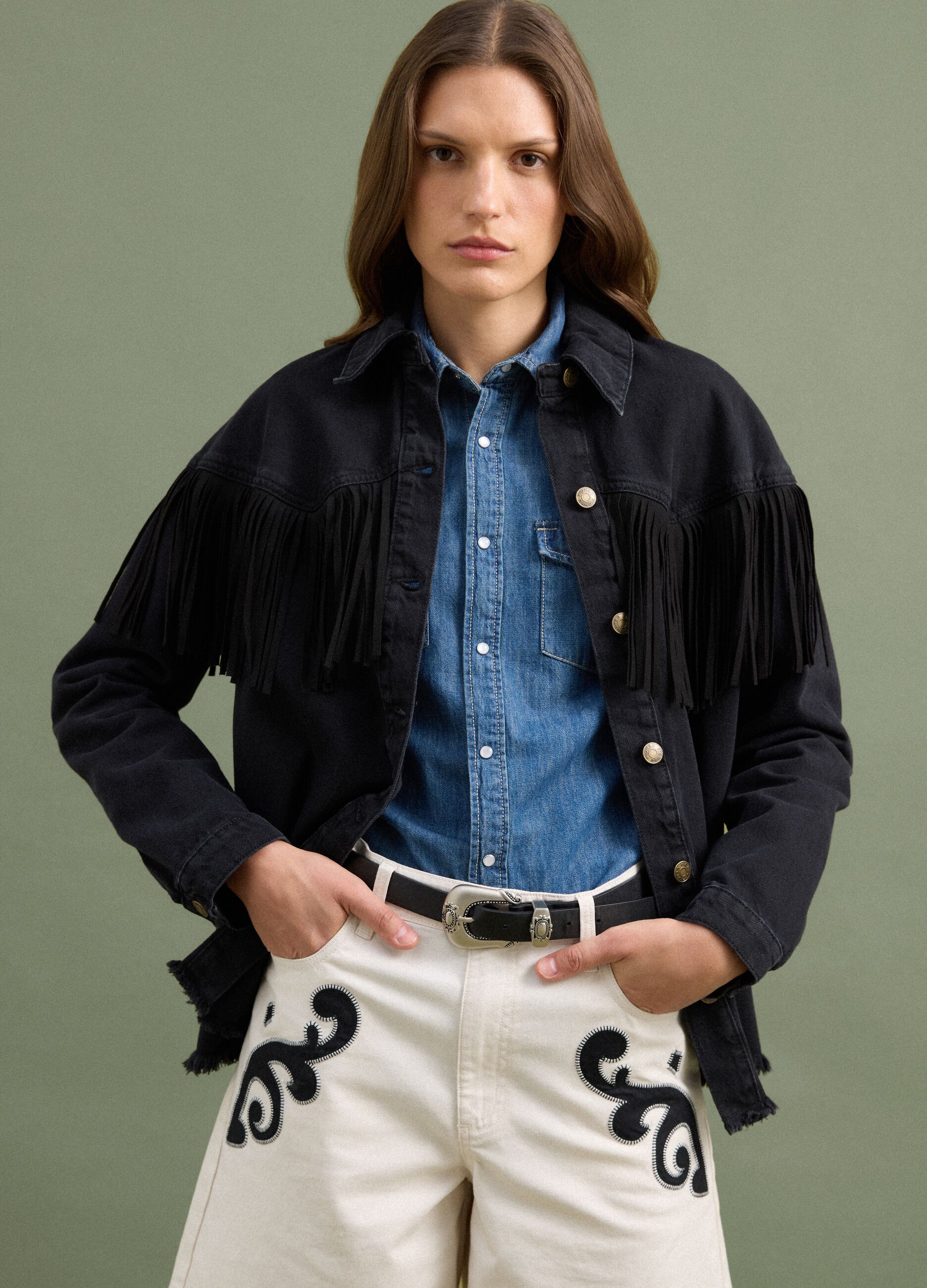 Black pure cotton denim jacket with fringes