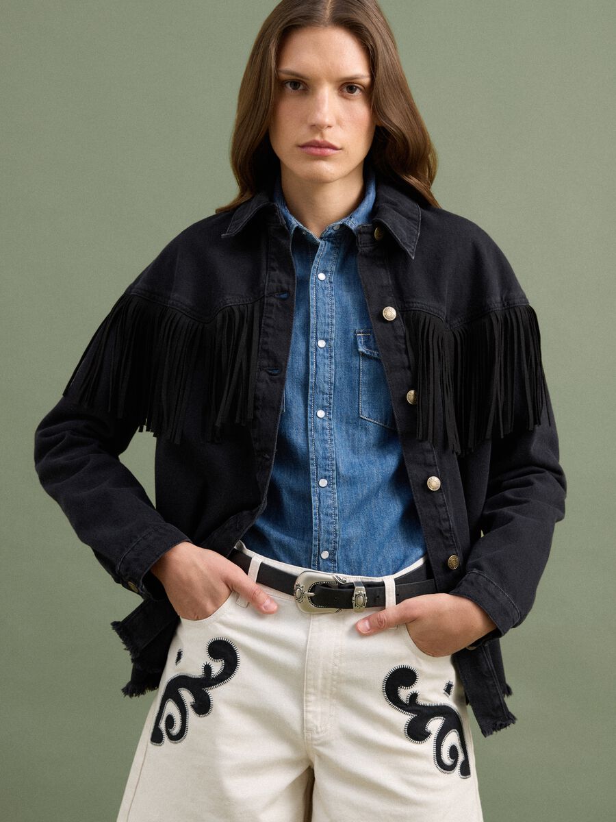 Black pure cotton denim jacket with fringes_0