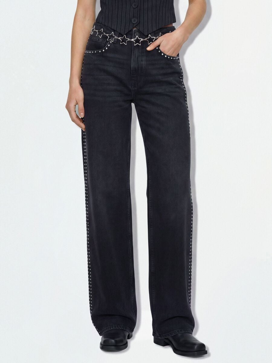 Black pure cotton wide-leg jeans with studs_1