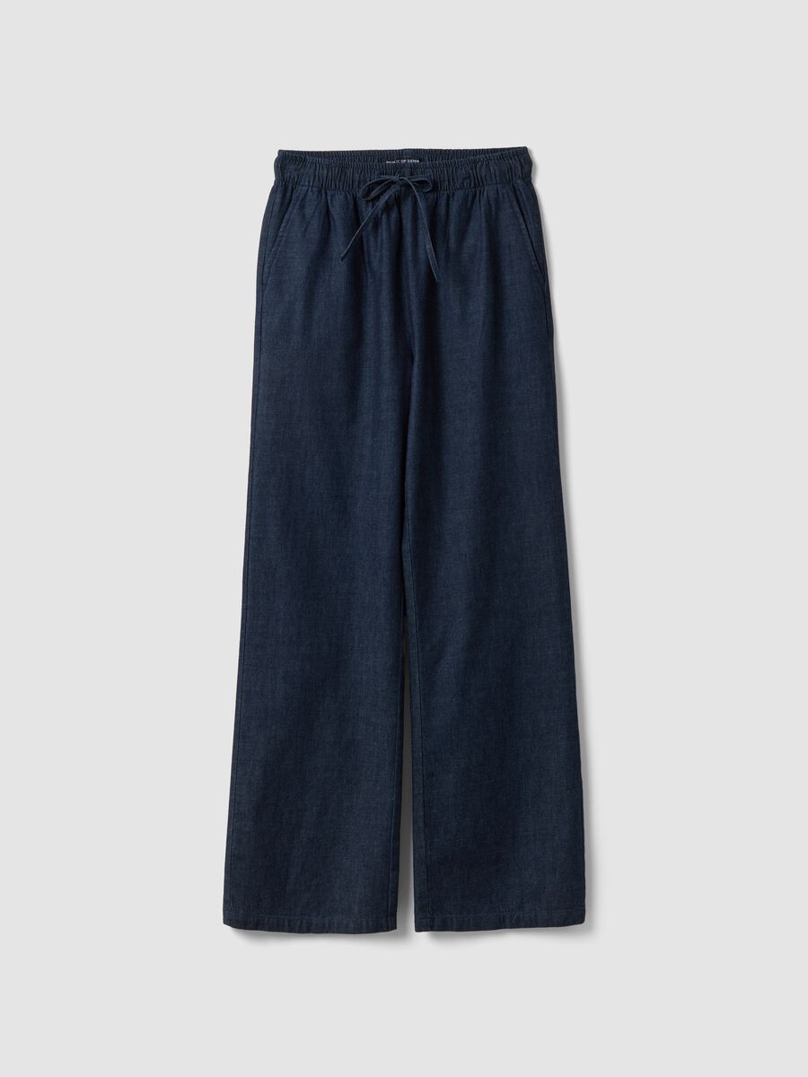 Blue pure cotton wide-leg denim trousers with drawstring_4