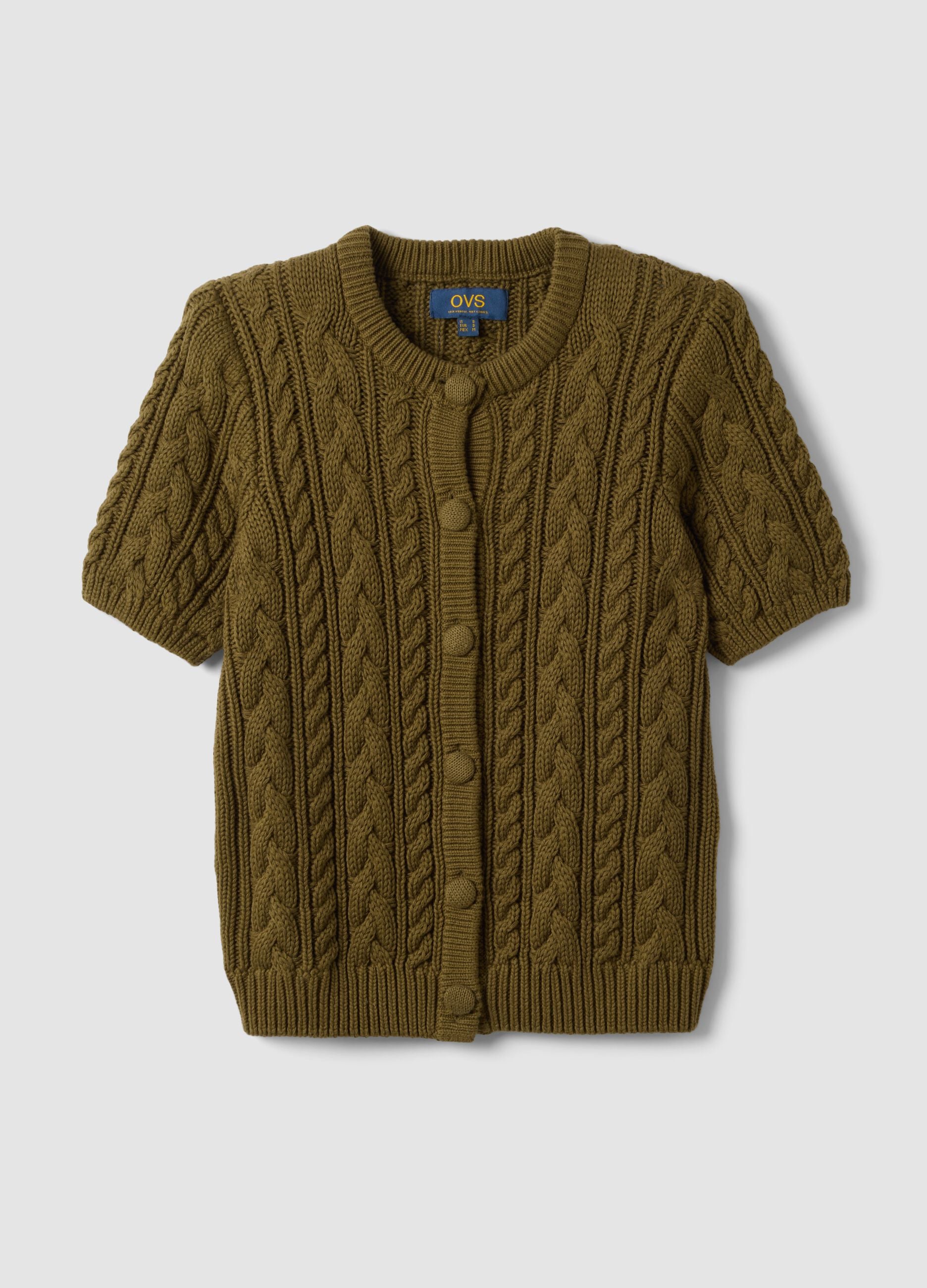 Green cable-knit pure cotton cardigan, regular fit