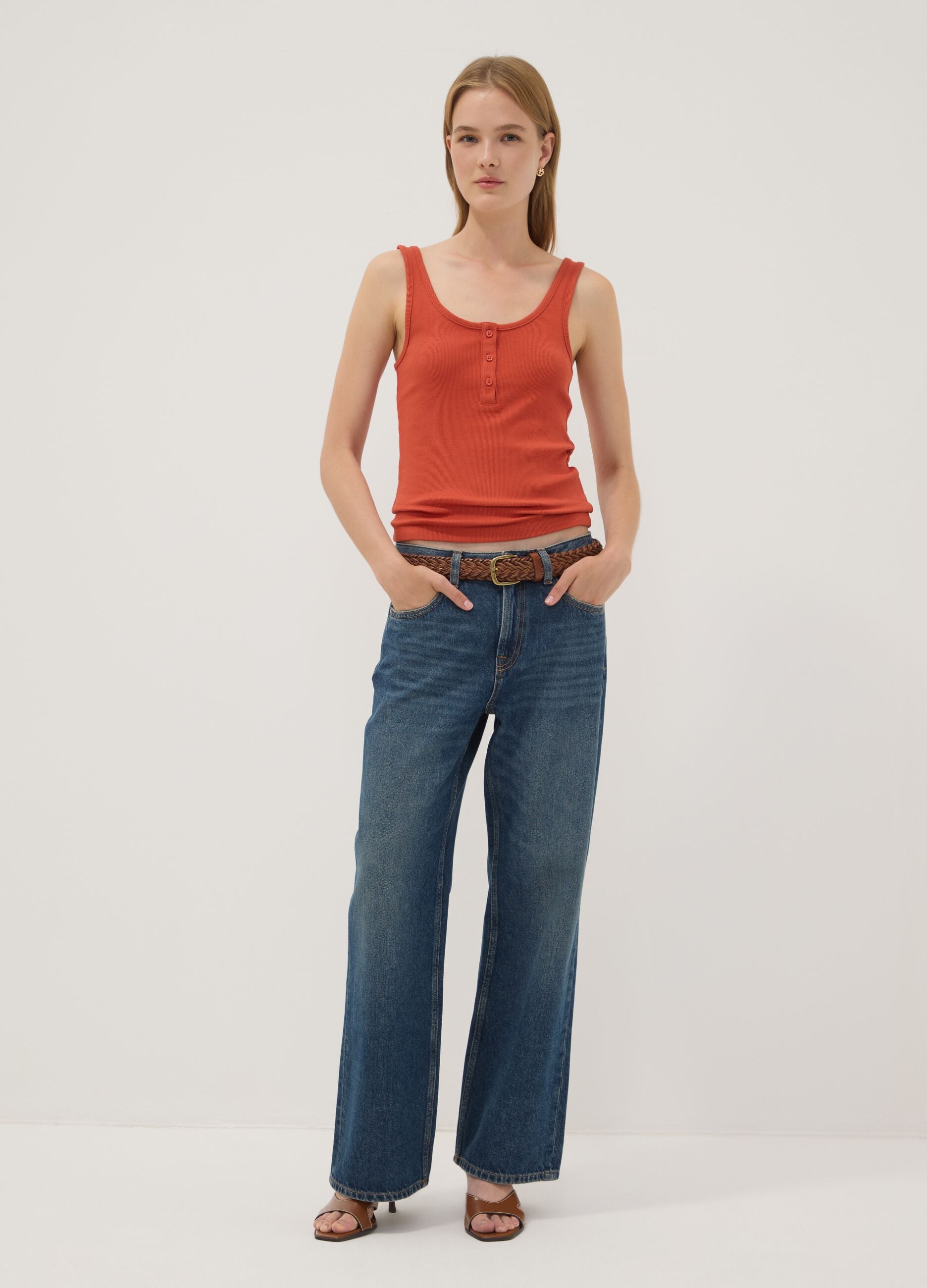Red stretch cotton buttoned tank top, regular fit