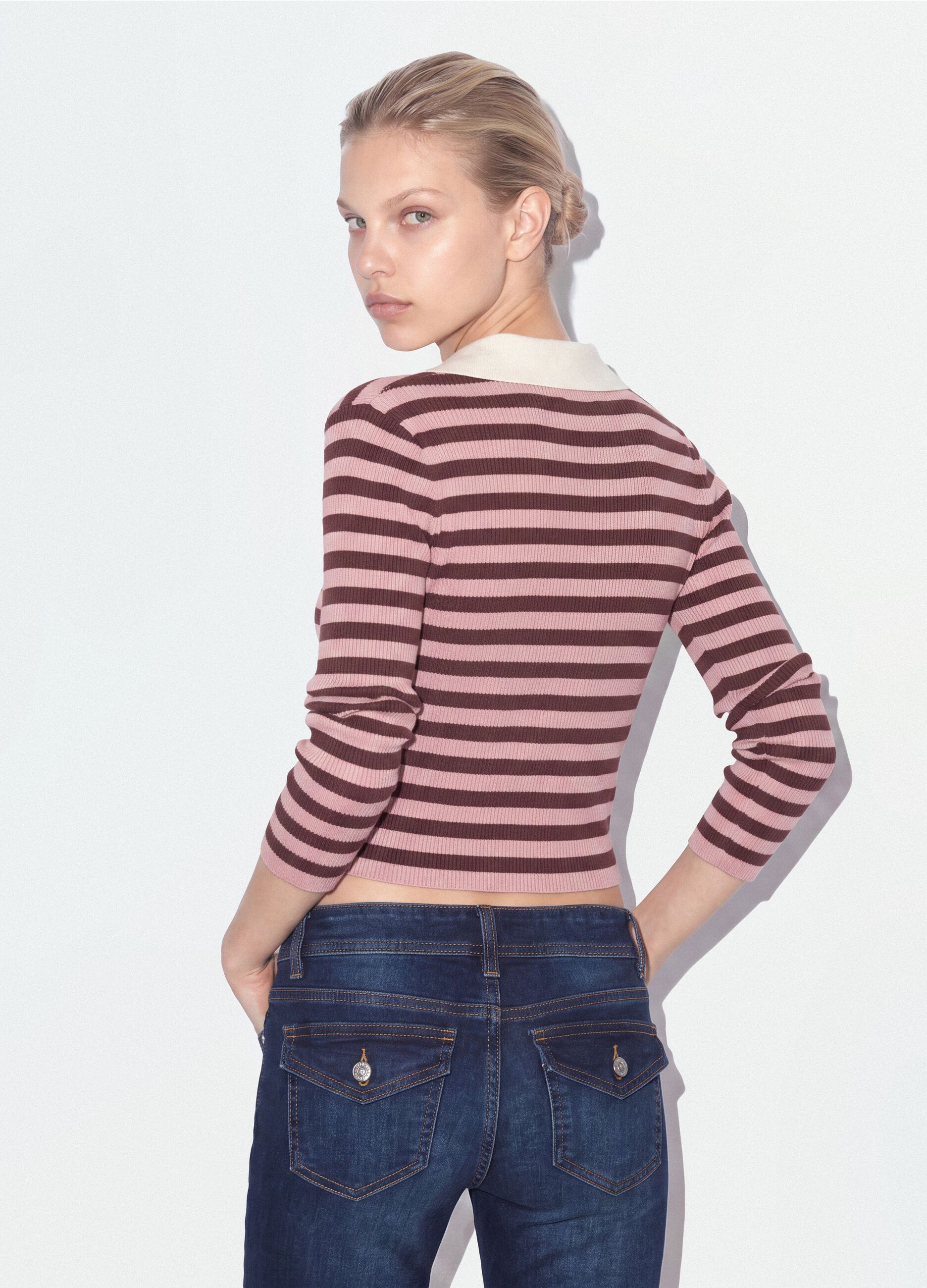 Multicolour striped viscose-blend fitted polo-collar jumper