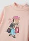 Pink organic cotton T-shirt with mock neck and teddy bear print_2