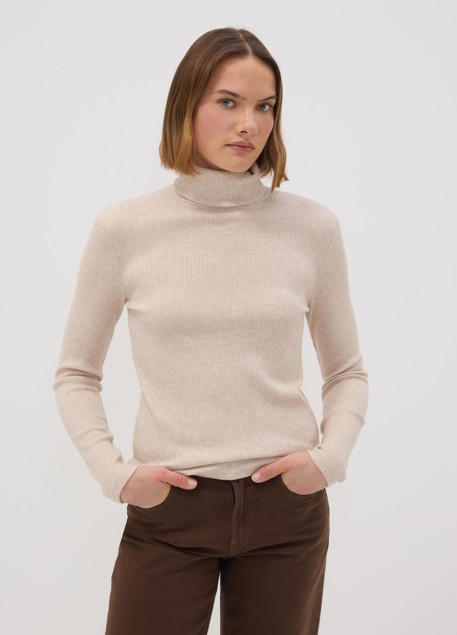 Beige ribbed viscose-blend crew-neck jumper