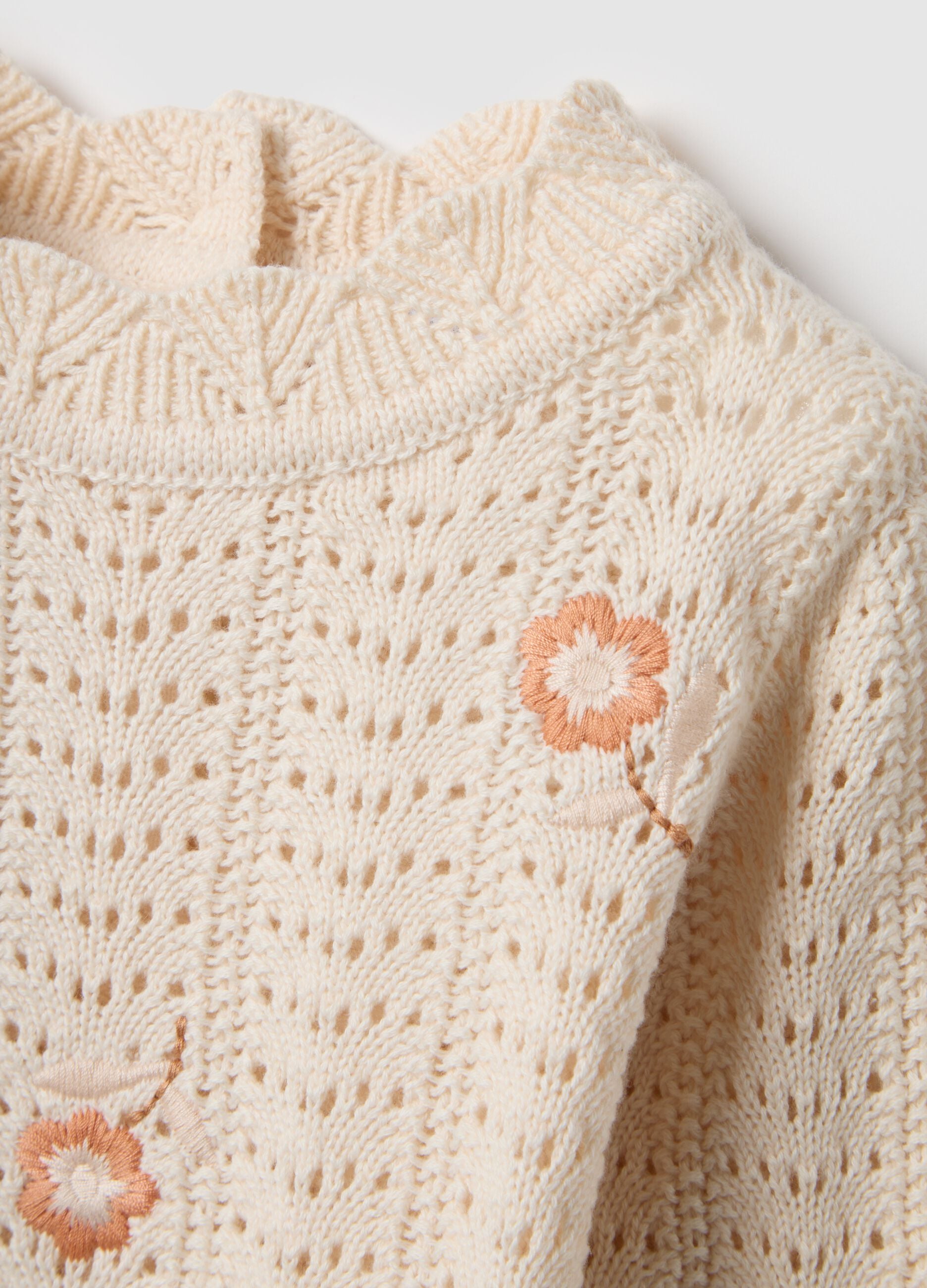 Beige pure cotton perforated jumper for girls, regular fit with embroidery
