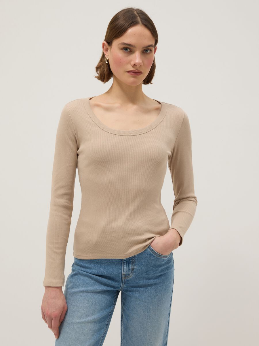 Men's Long Sleeve Beige Pure Cotton Regular Fit T-shirt_0