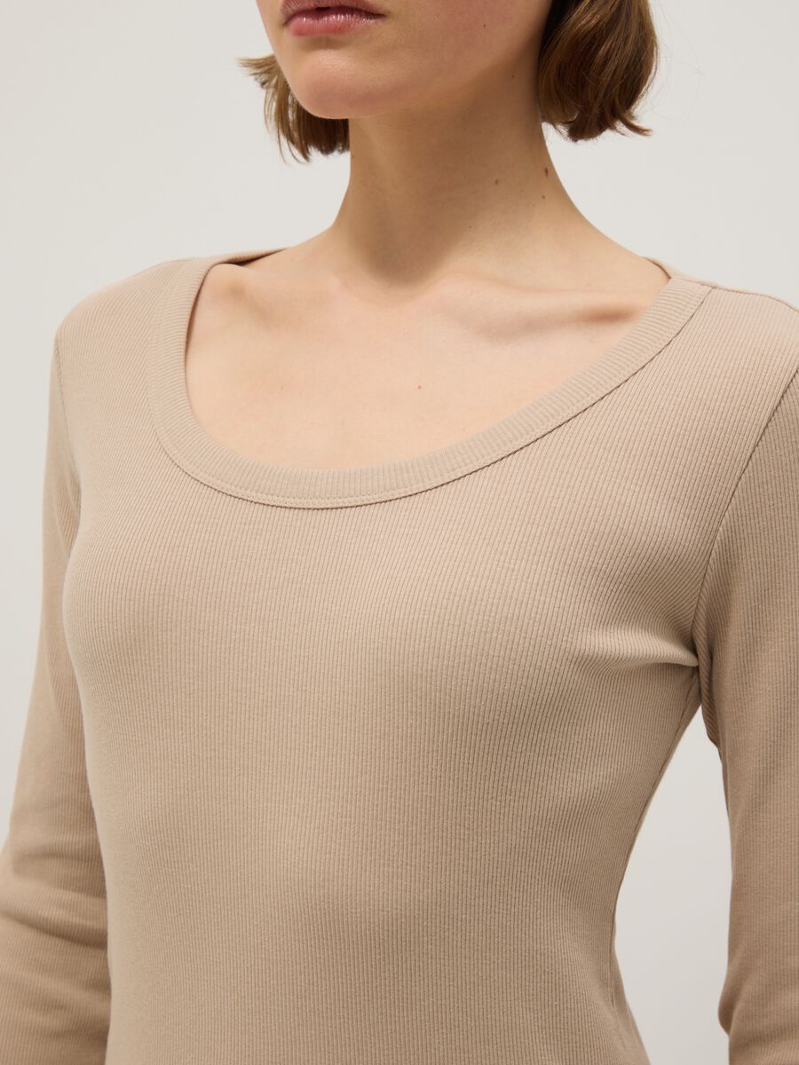 Men's Long Sleeve Beige Pure Cotton Regular Fit T-shirt_3