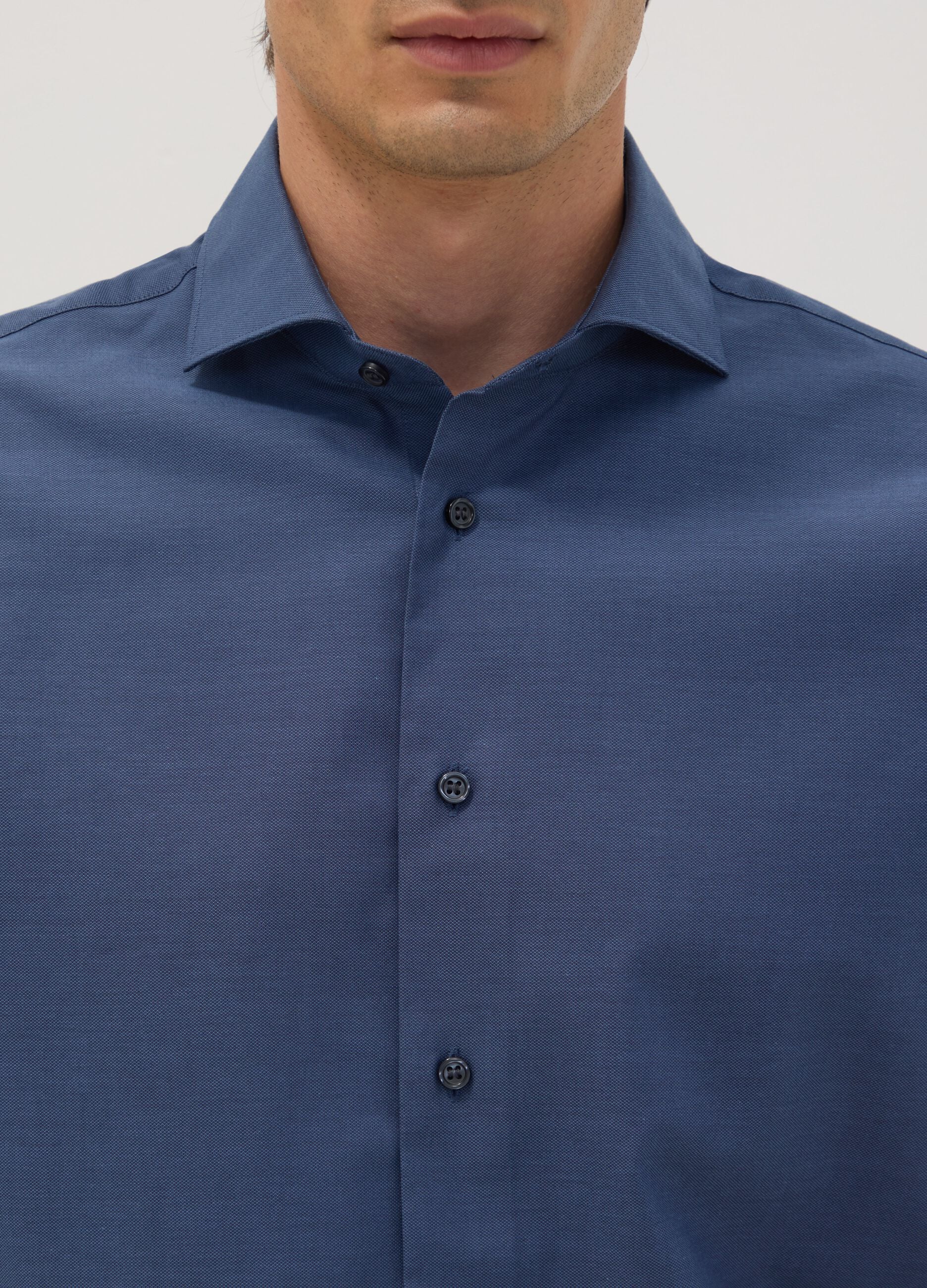 Blue pure cotton shirt with French collar, regular fit, easy iron