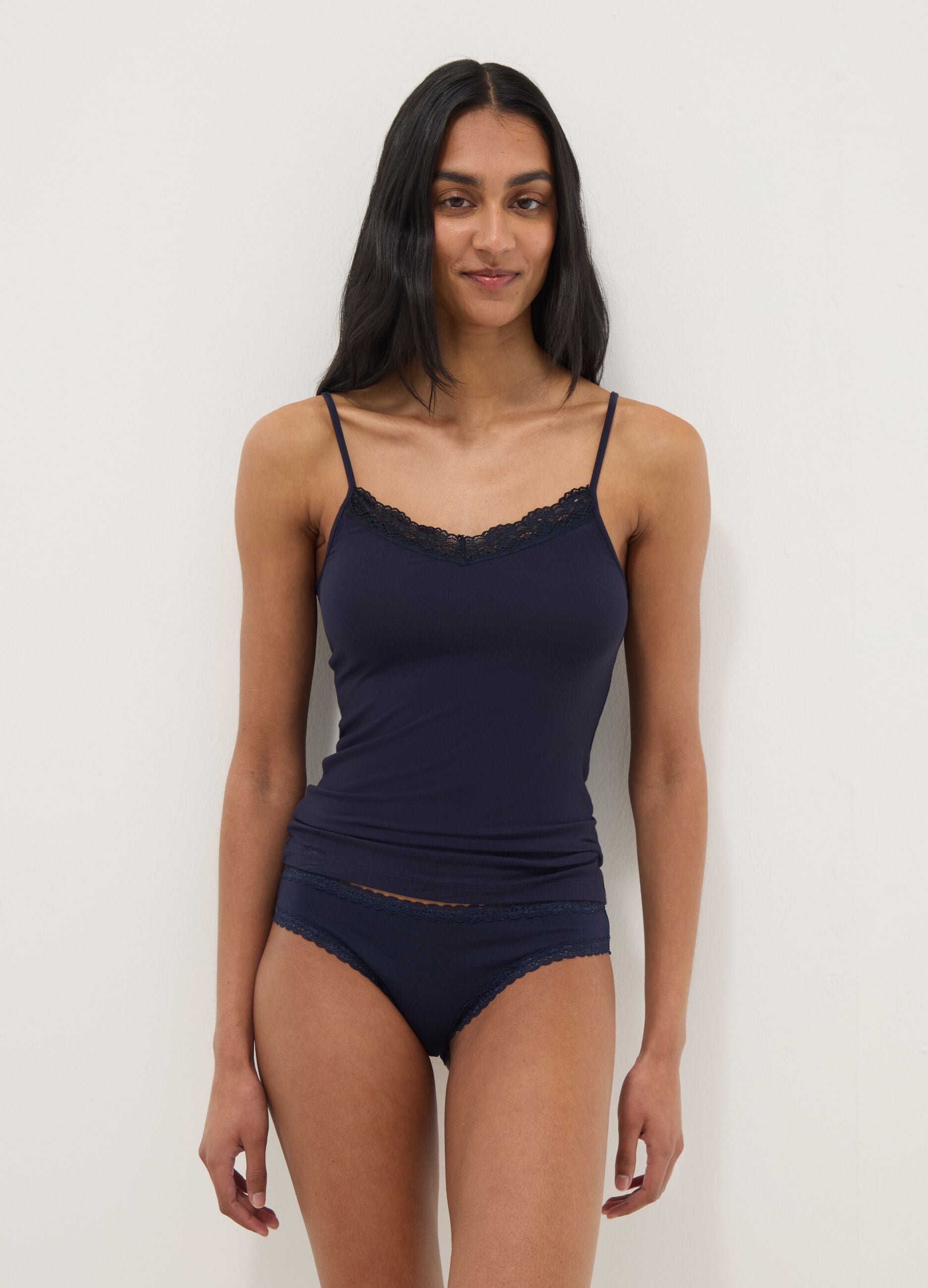 Blue slim fit stretch viscose camisole with lace