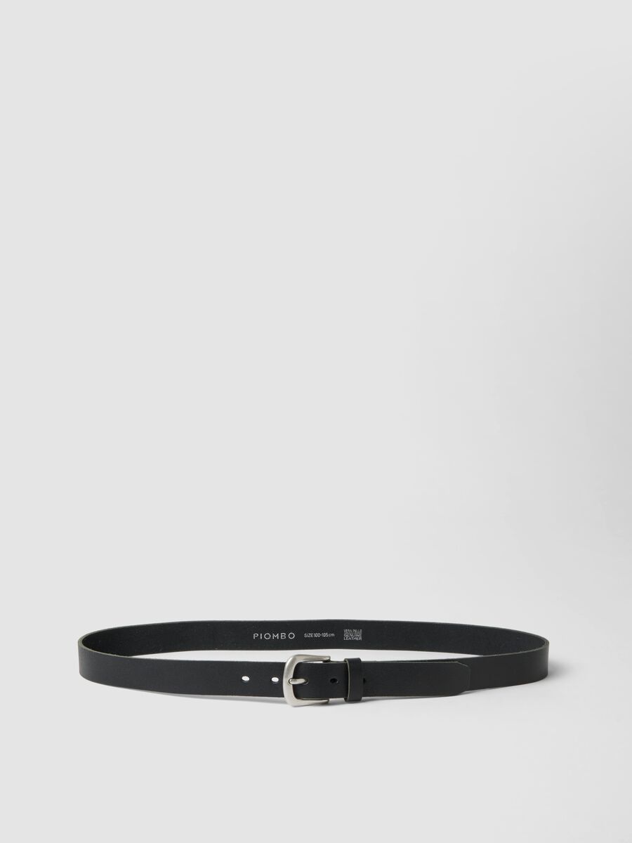 Black genuine leather belt with metal buckle_0
