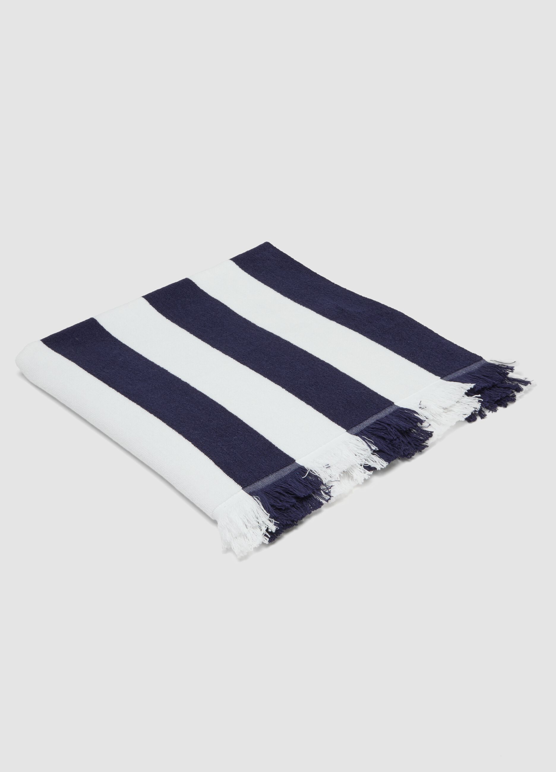 Blue and white pure cotton beach towel with fringes