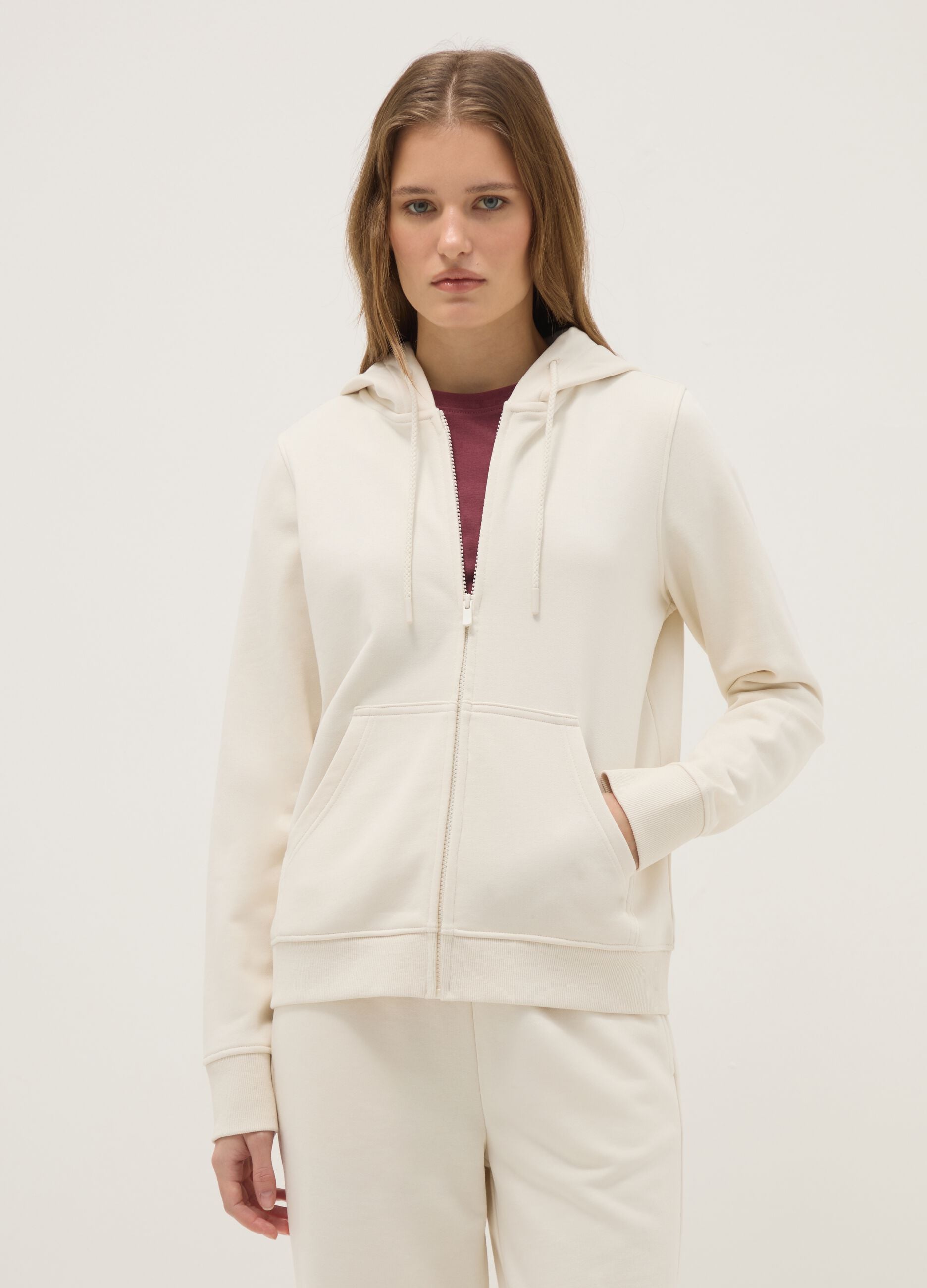 Beige cotton-blend regular fit hoodie with zip