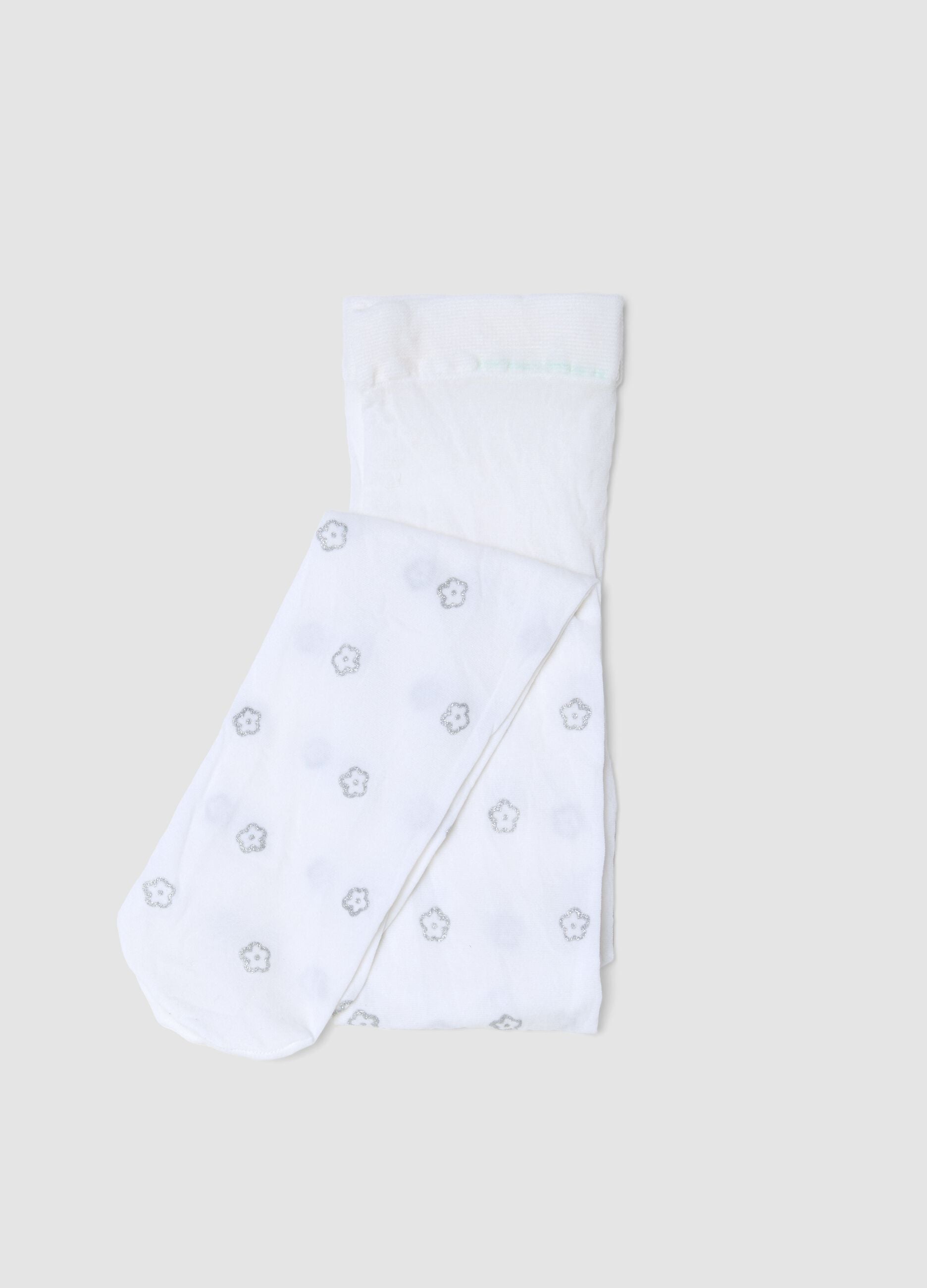 Comfortable white stretchy tights for girls with flowers