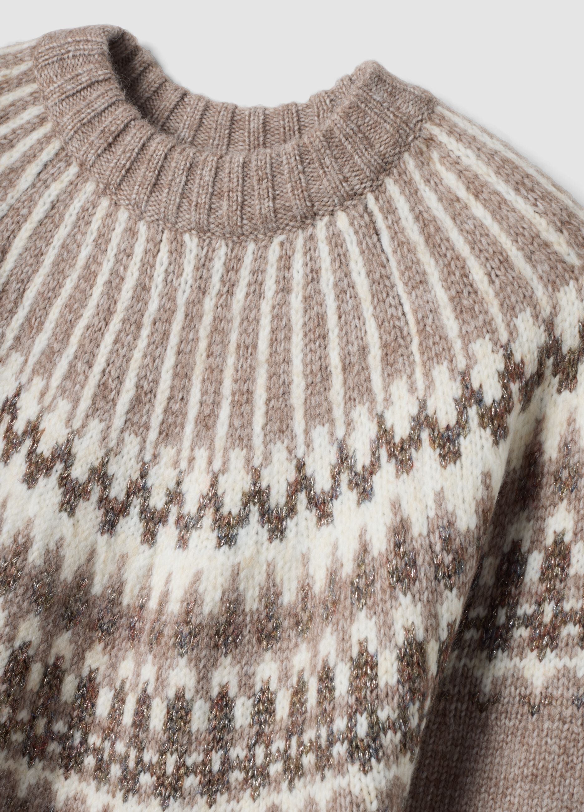 Beige jacquard crew-neck oversized jumper