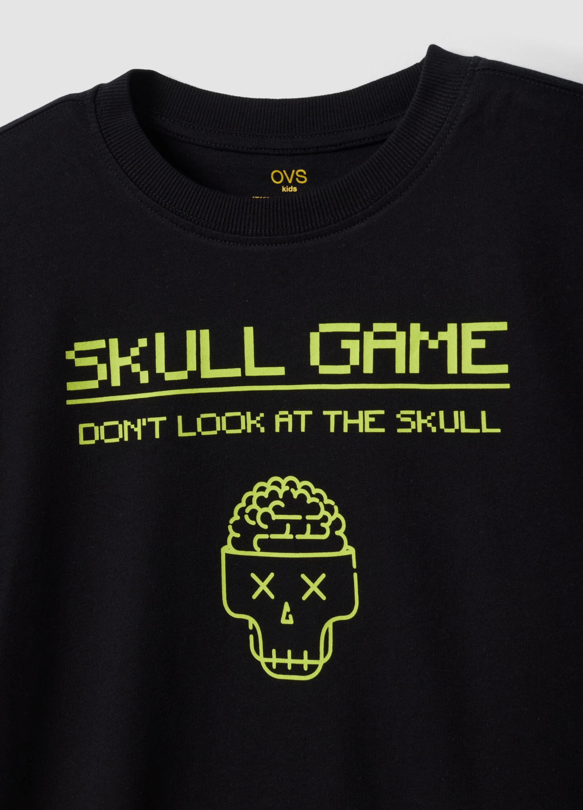 Black organic cotton crew-neck T-shirt with skull print for boys