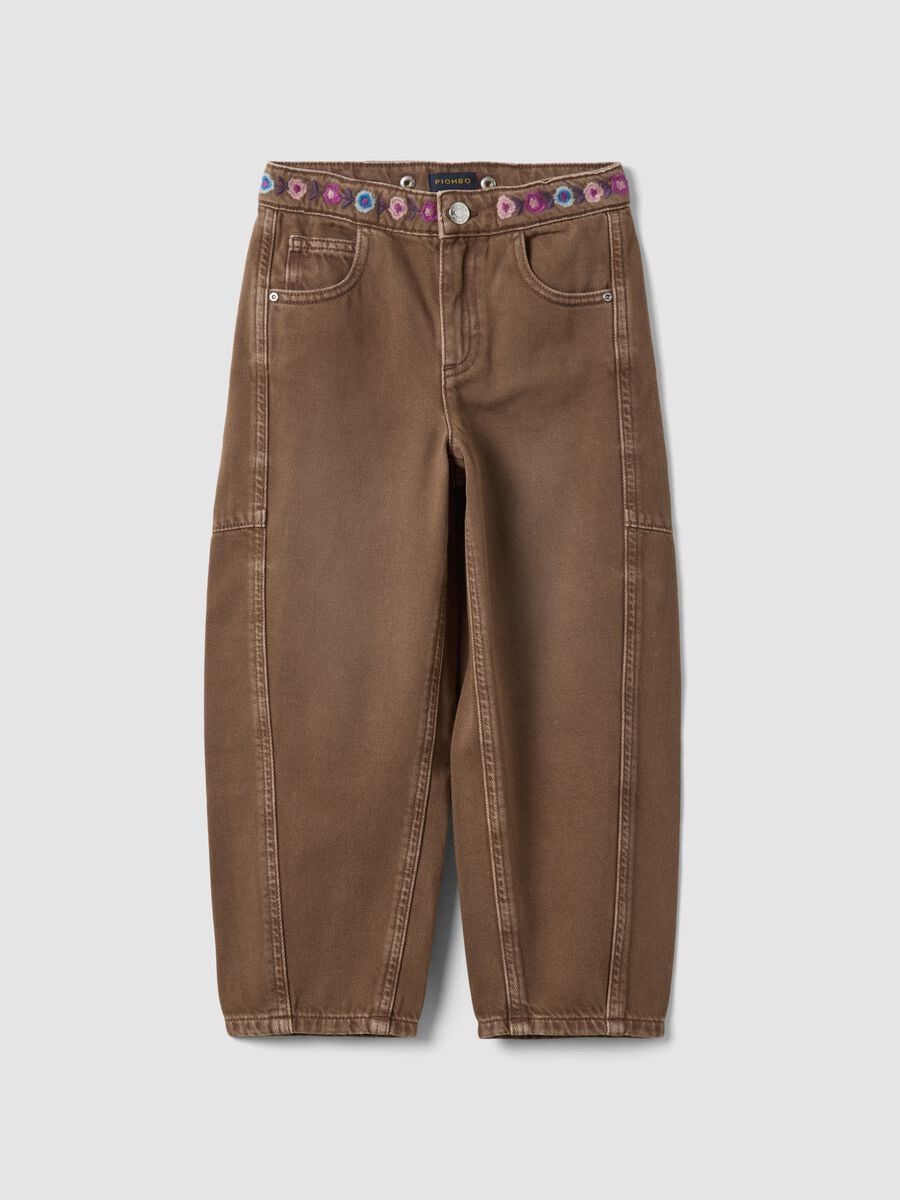 Brown pure cotton embroidered balloon-fit jeans_0