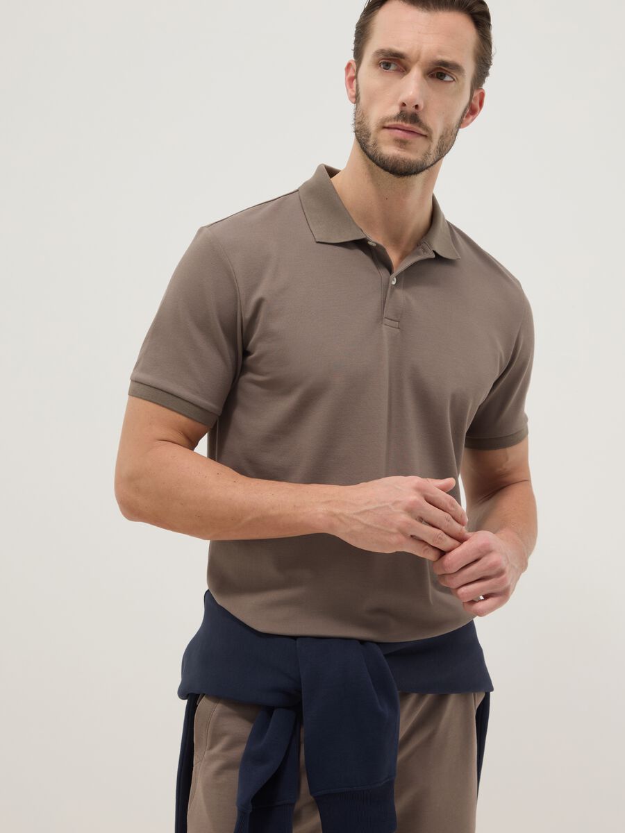 Brown stretch cotton blend polo shirt regular fit_1