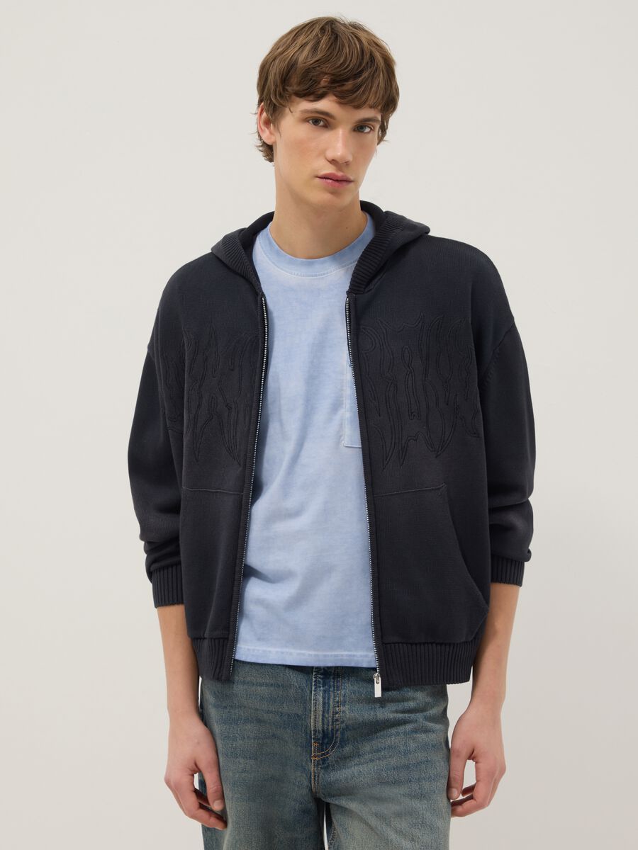 Felpa in puro cotone nero oversize fit con cappuccio e zip_1