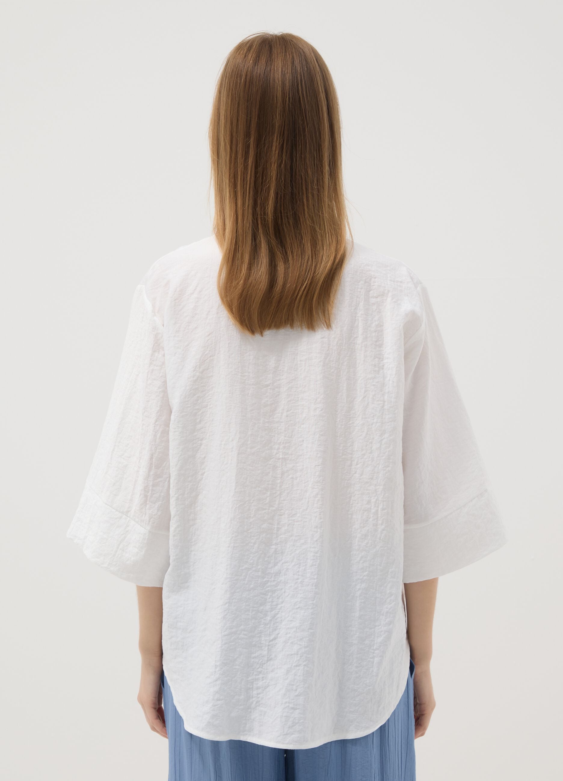 White viscose-blend shirt with mandarin collar