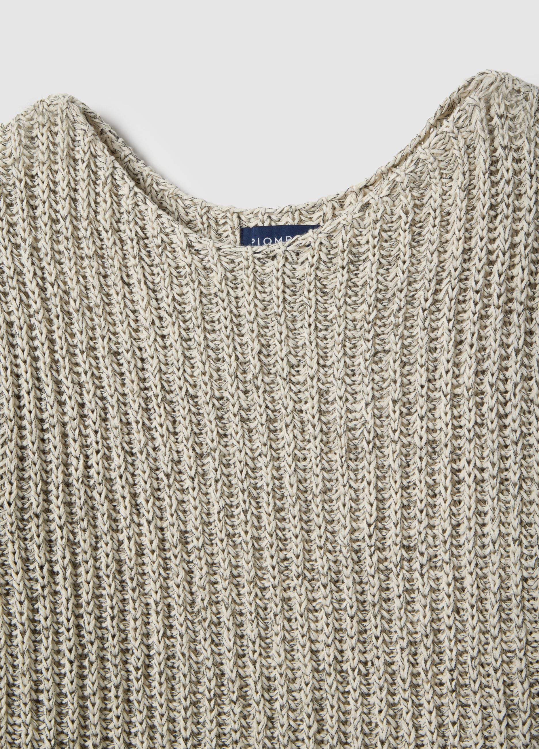 Beige cotton blend regular fit woven jumper with boat neck