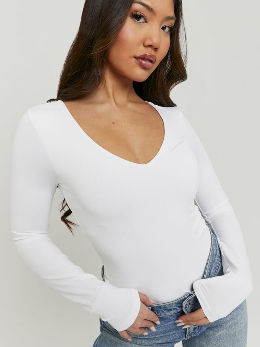 White long-sleeved deep V-neck T-shirt in pure cotton, regular fit_3