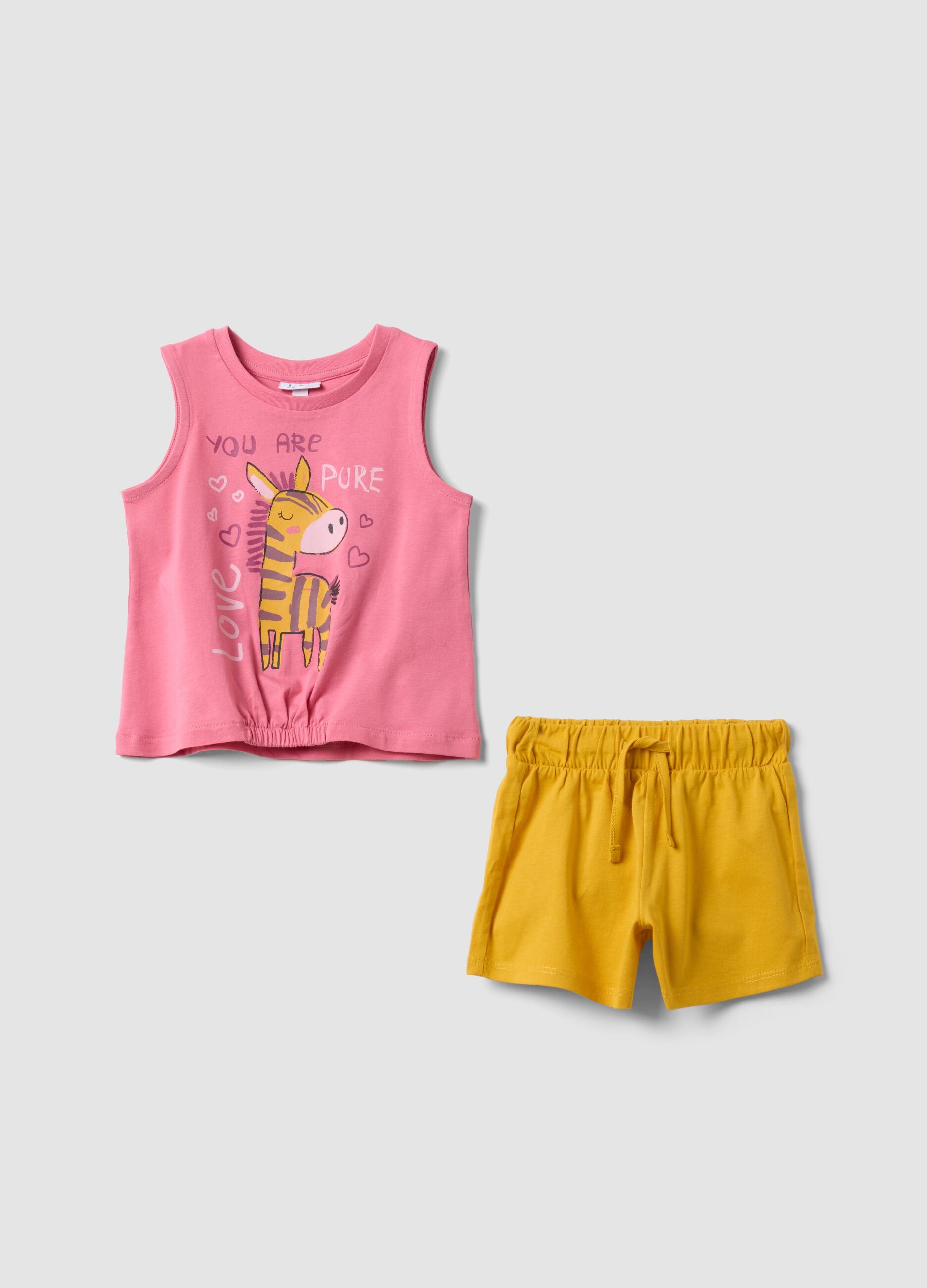 Pink and yellow pure cotton top and shorts set for baby girl