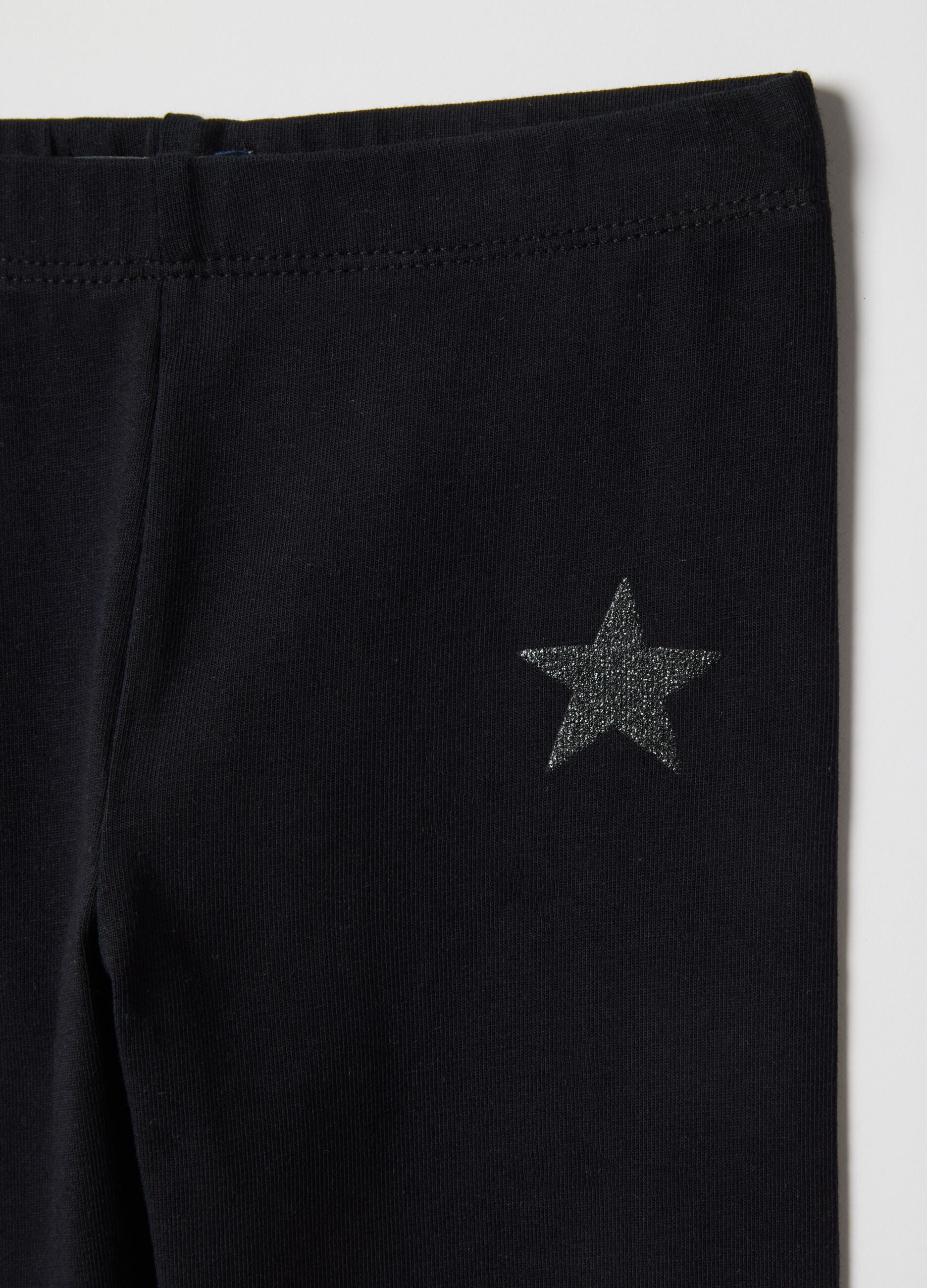 Girls' black stretchy cotton leggings slim fit with star