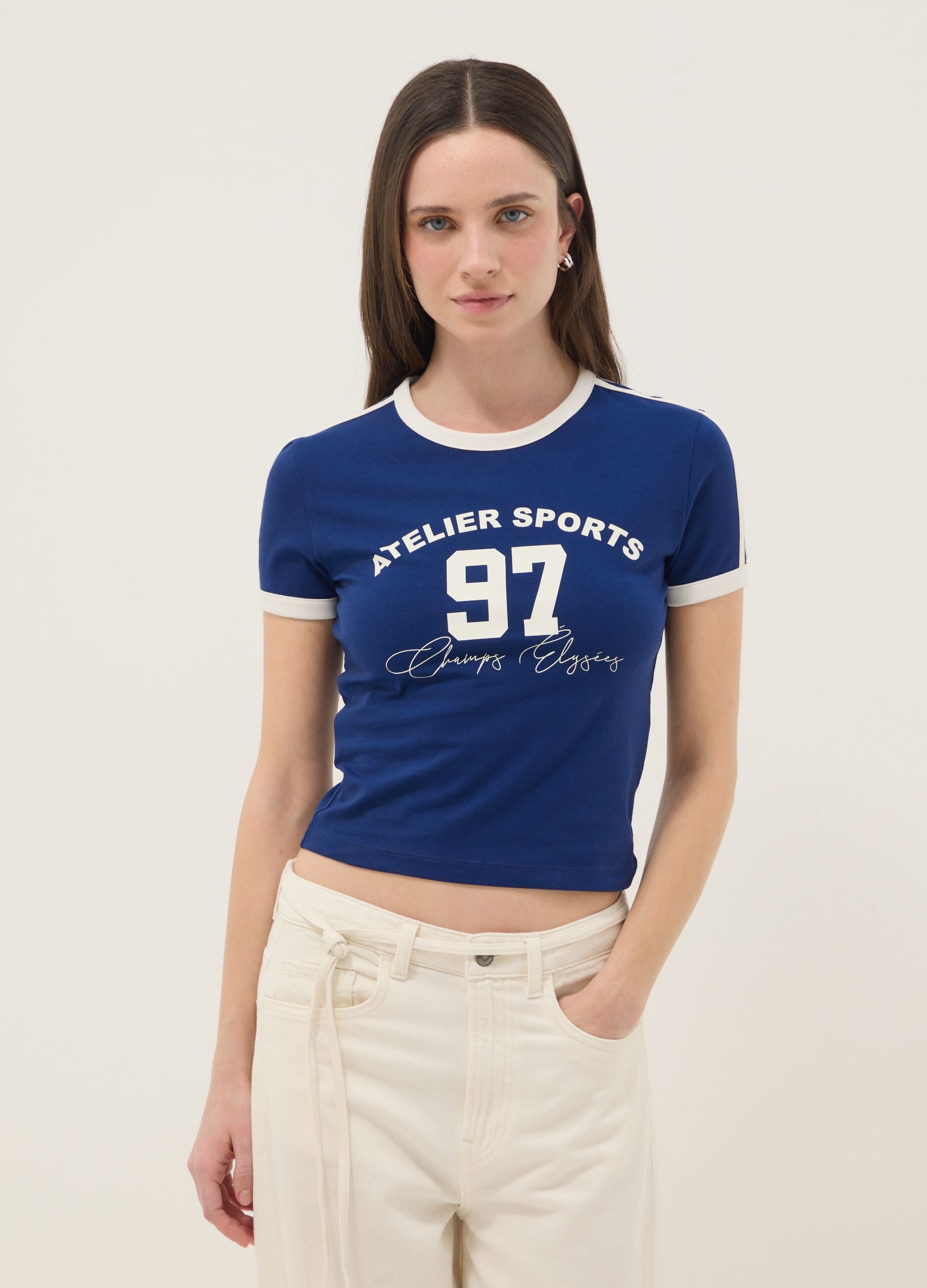 Slim fit blue stretch cotton T-shirt with print