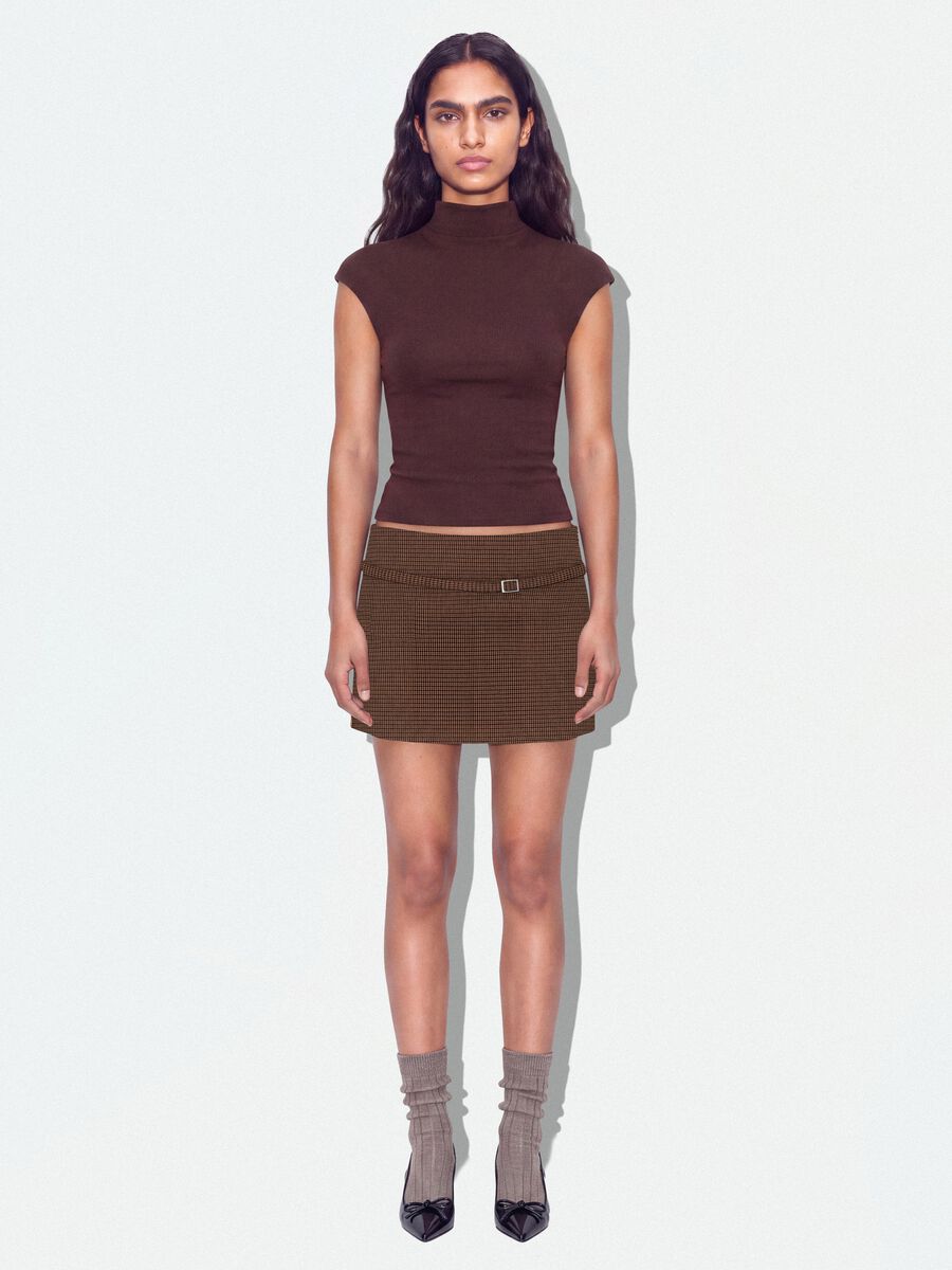 Brown fitted modal and stretch cotton T-shirt with mock neck_1