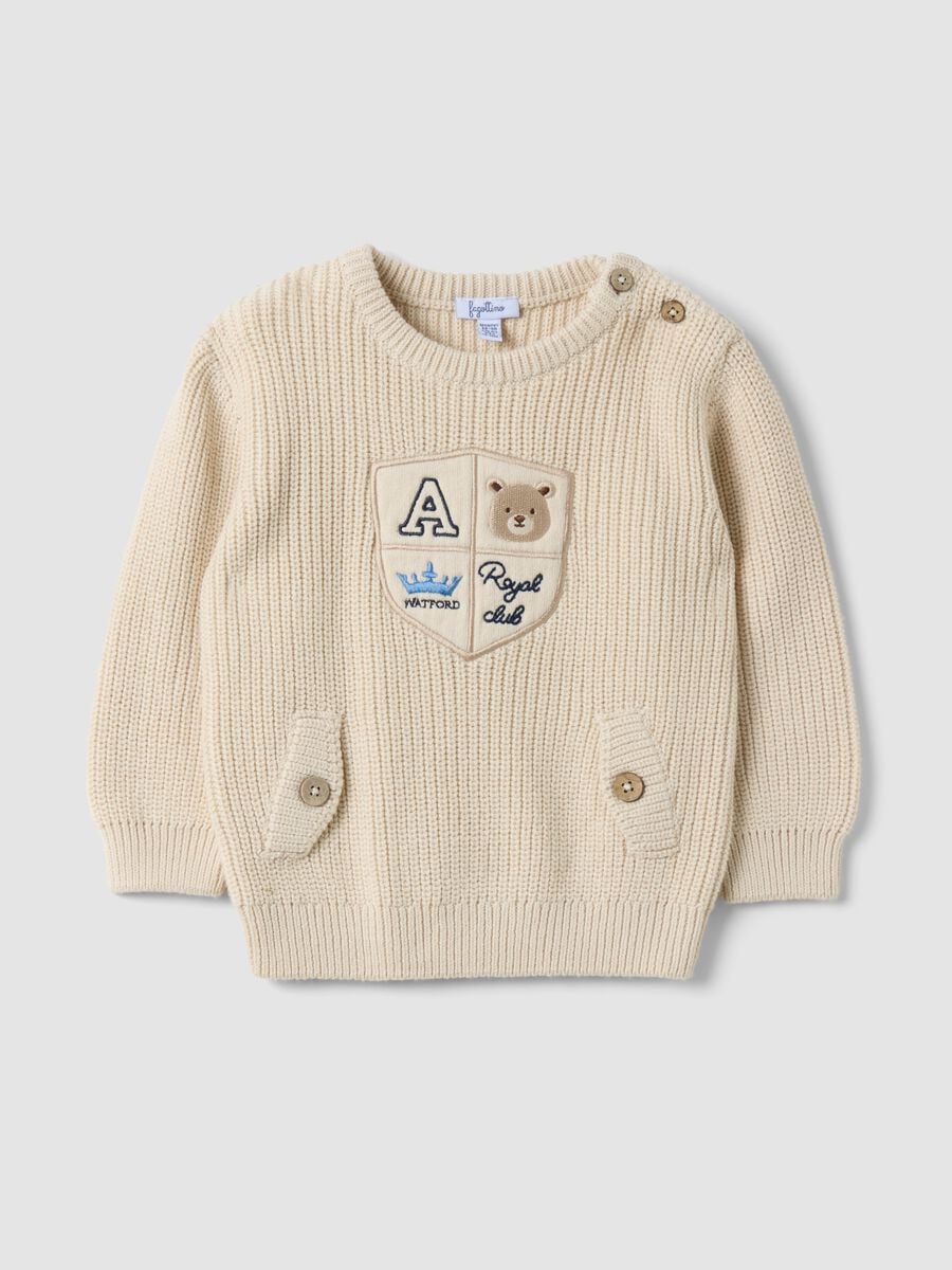 Beige pure cotton knit jumper with crew neck_0