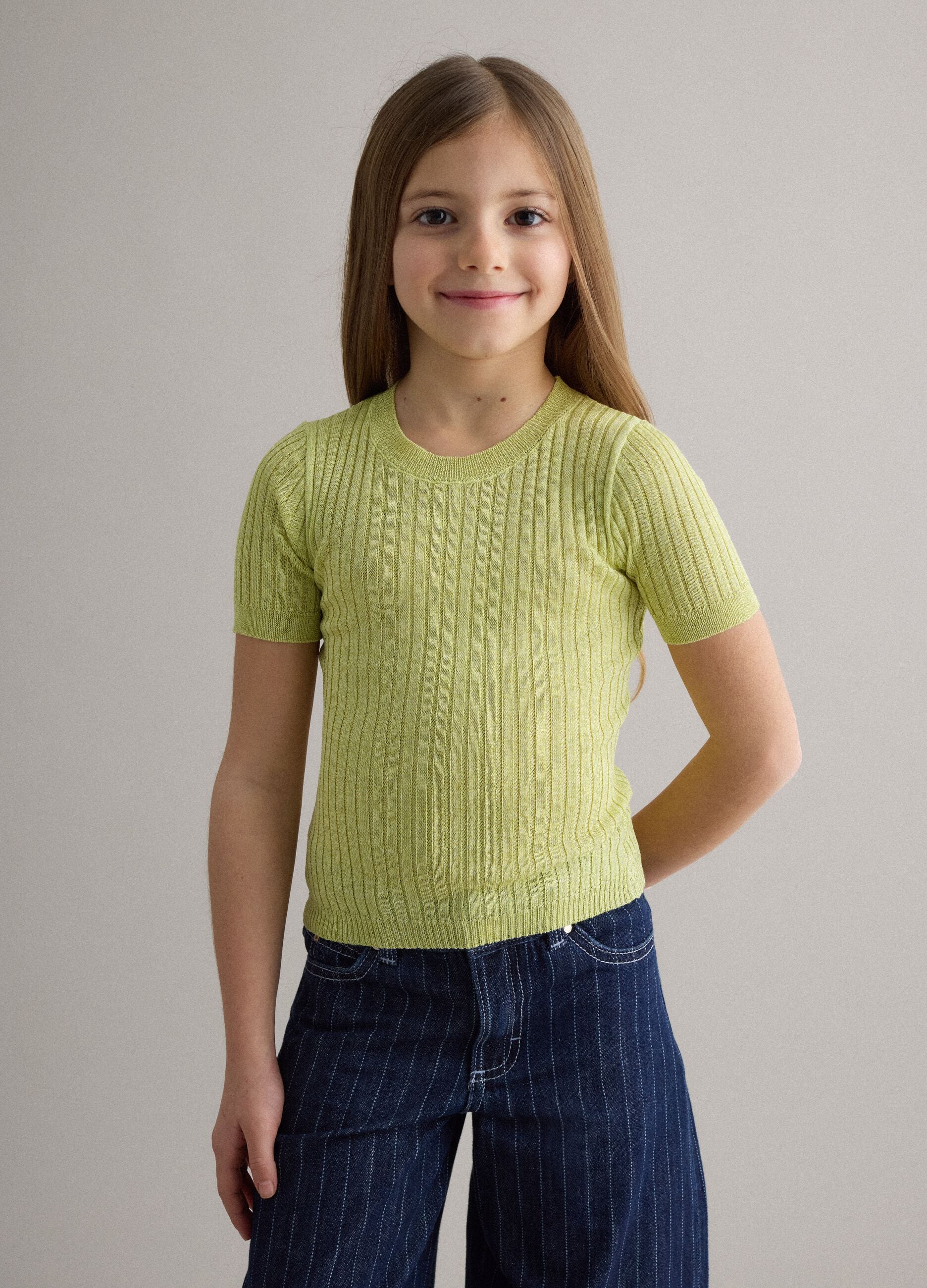 Girls' regular fit yellow ribbed viscose blend jumper