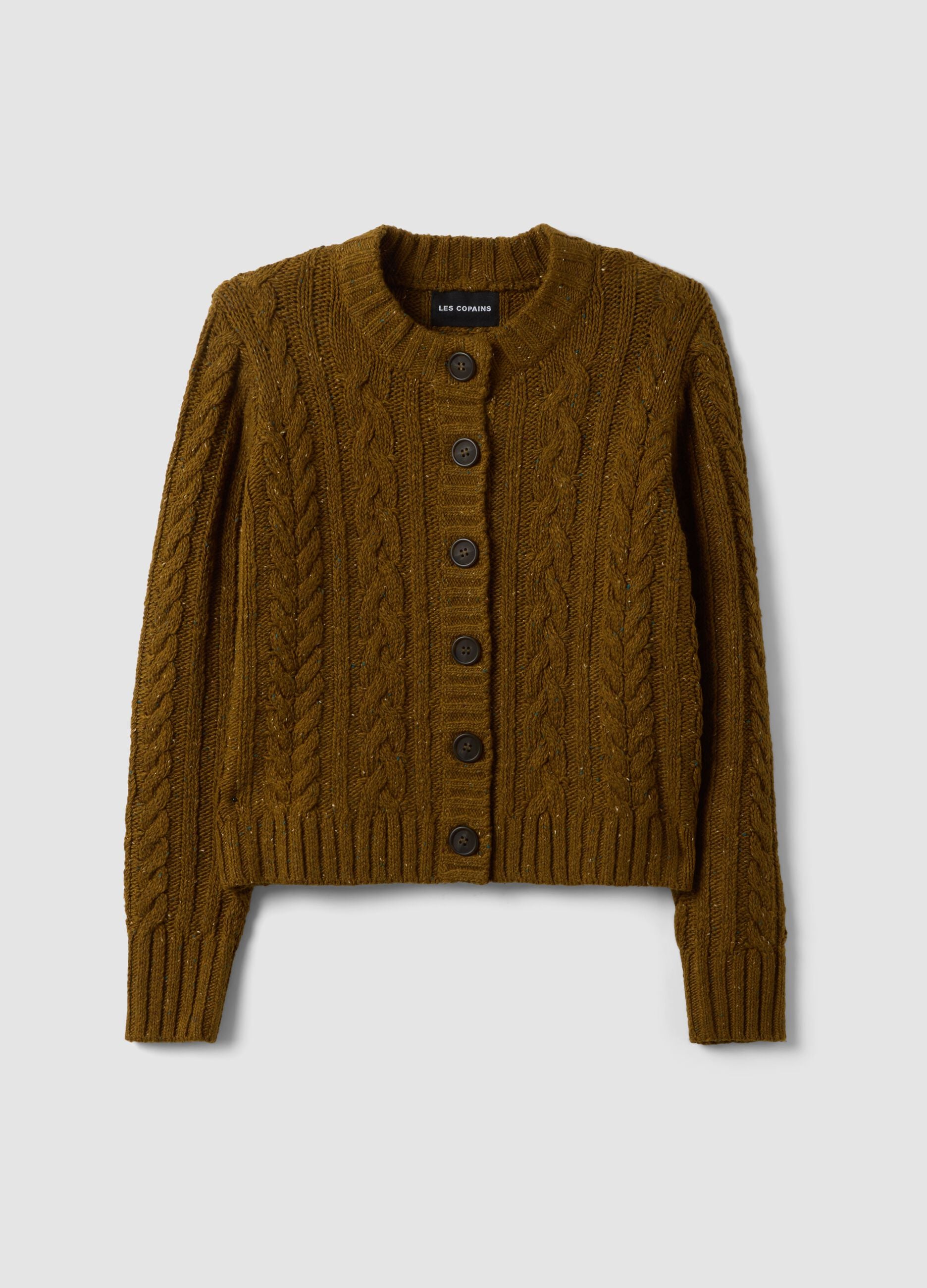 Brown cable-knit stretch wool cardigan