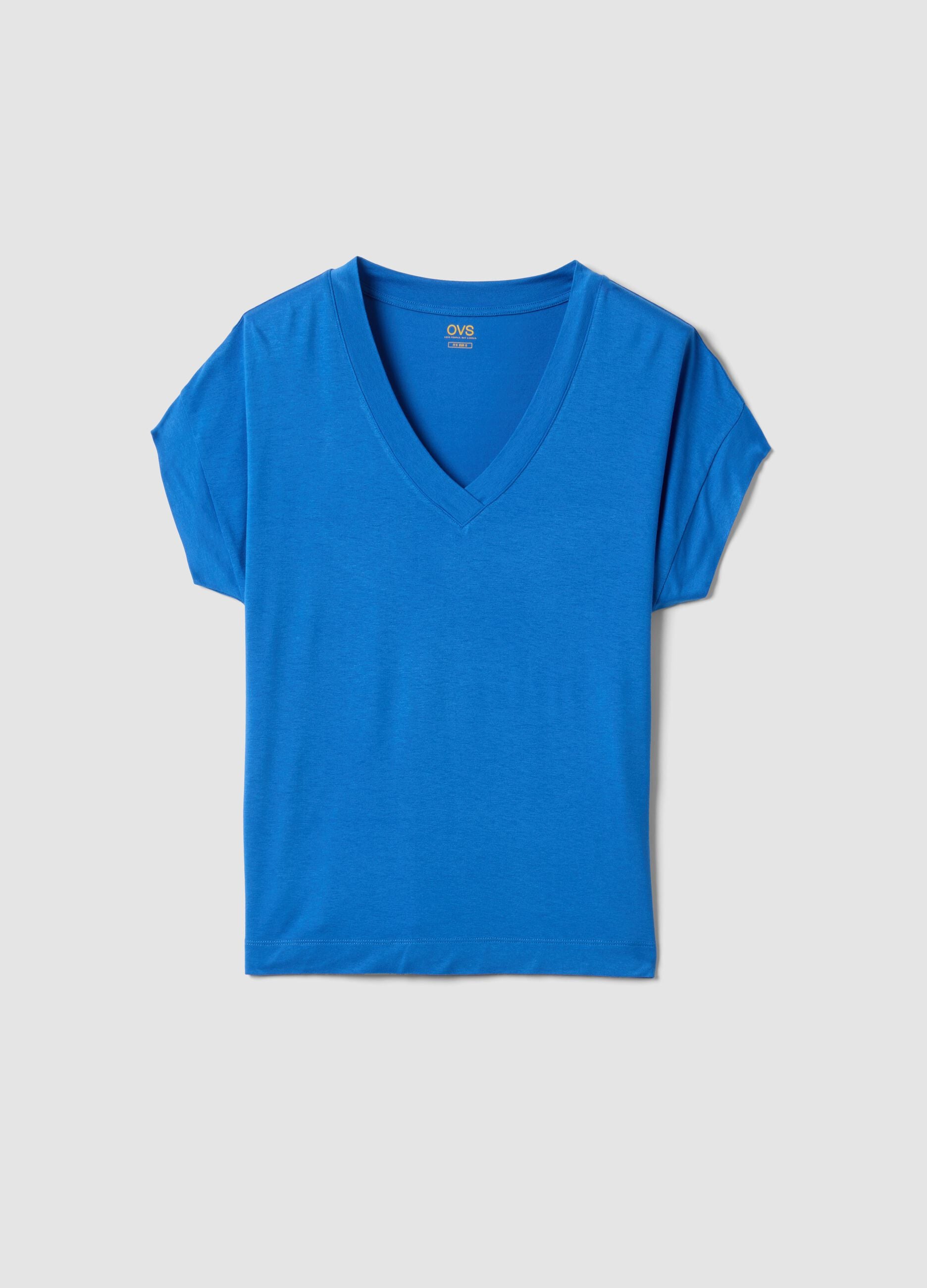 Blue stretch viscose V-neck T-shirt