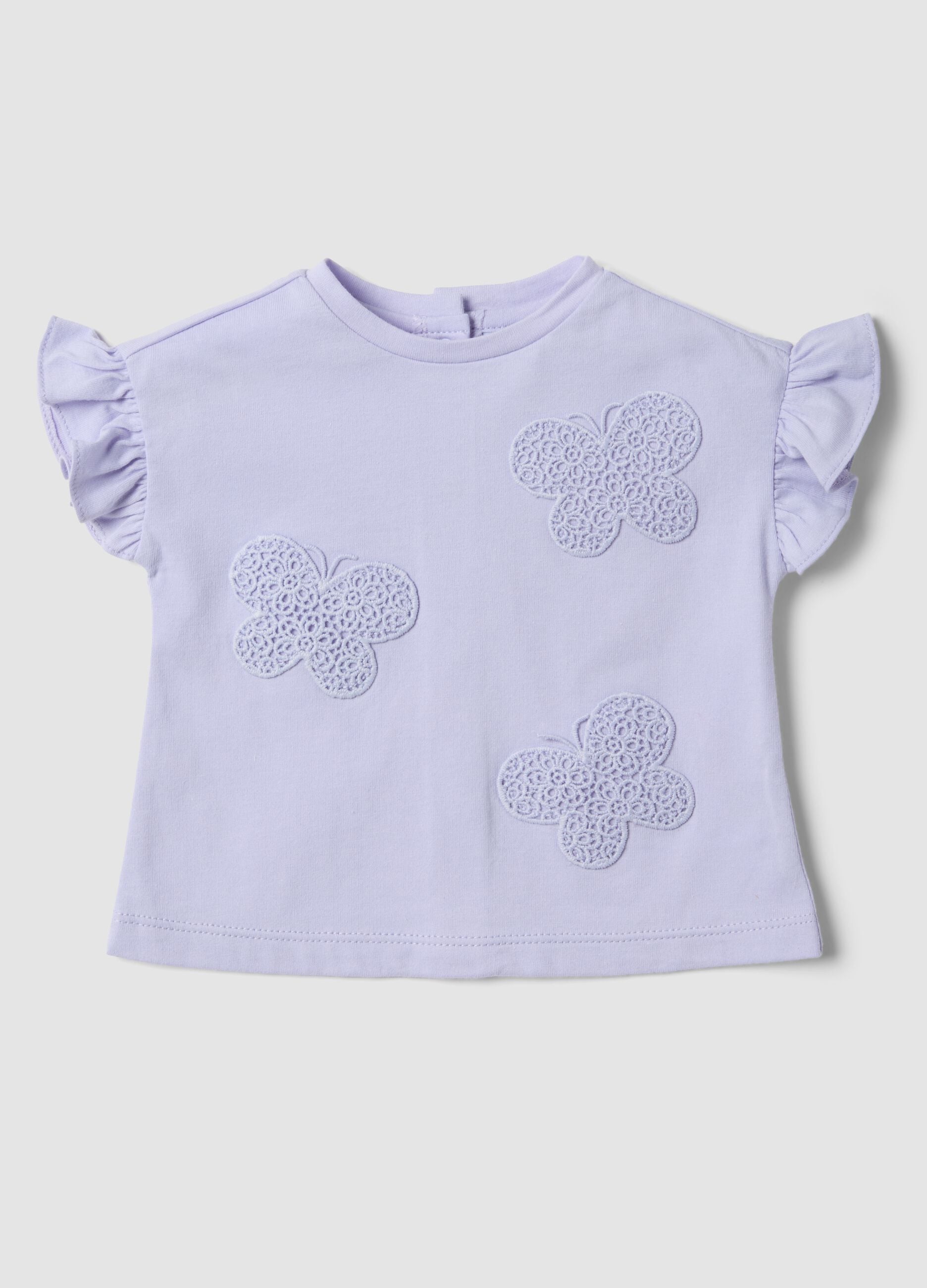 Purple short-sleeved pure organic cotton T-shirt with frills