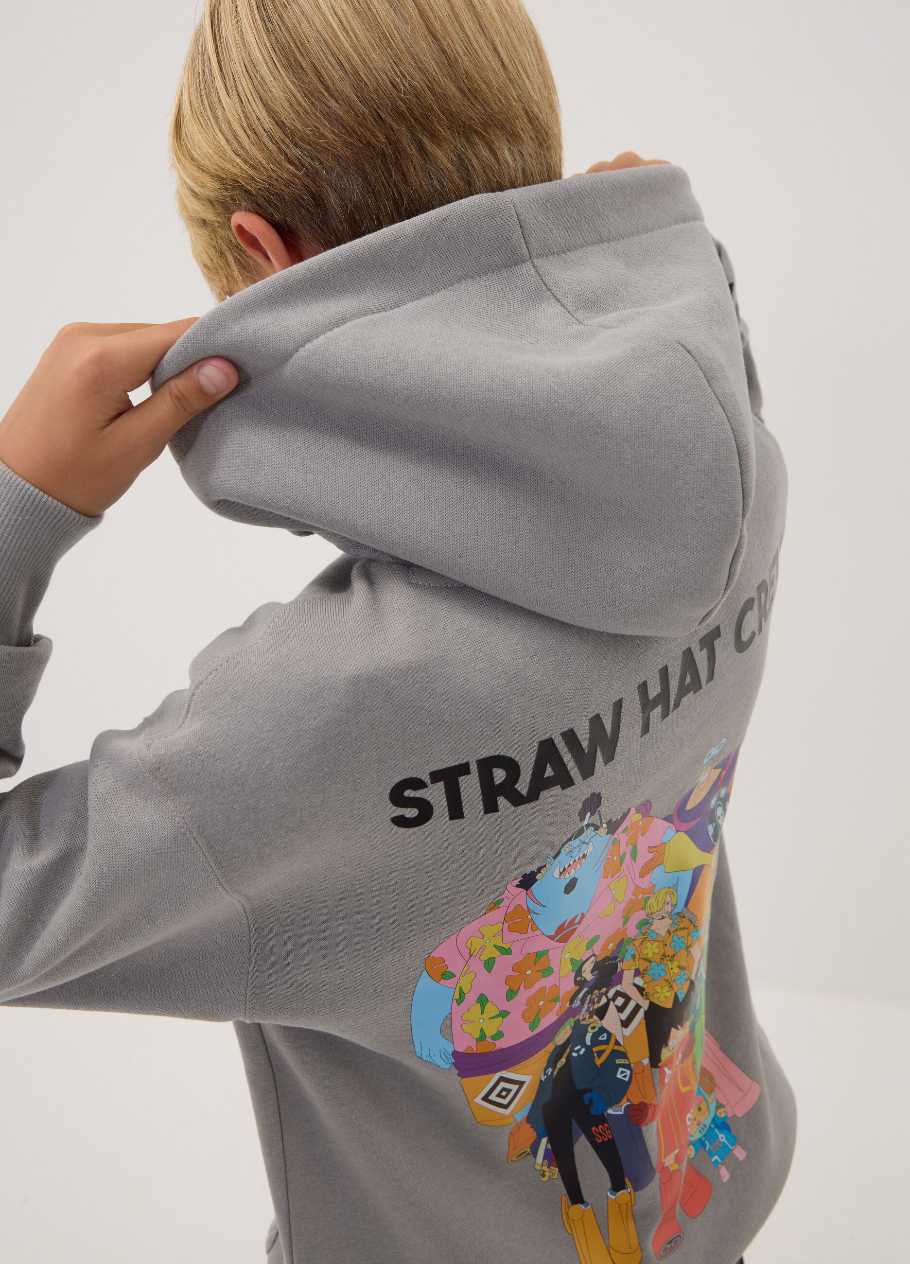 Grey hooded sweatshirt in cotton blend with One Piece print, oversized fit