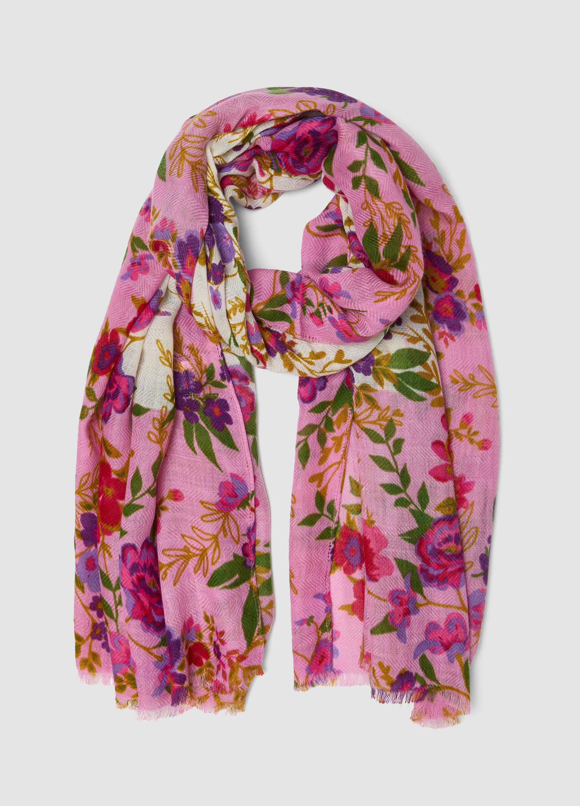 Pink wool-blend floral print scarf