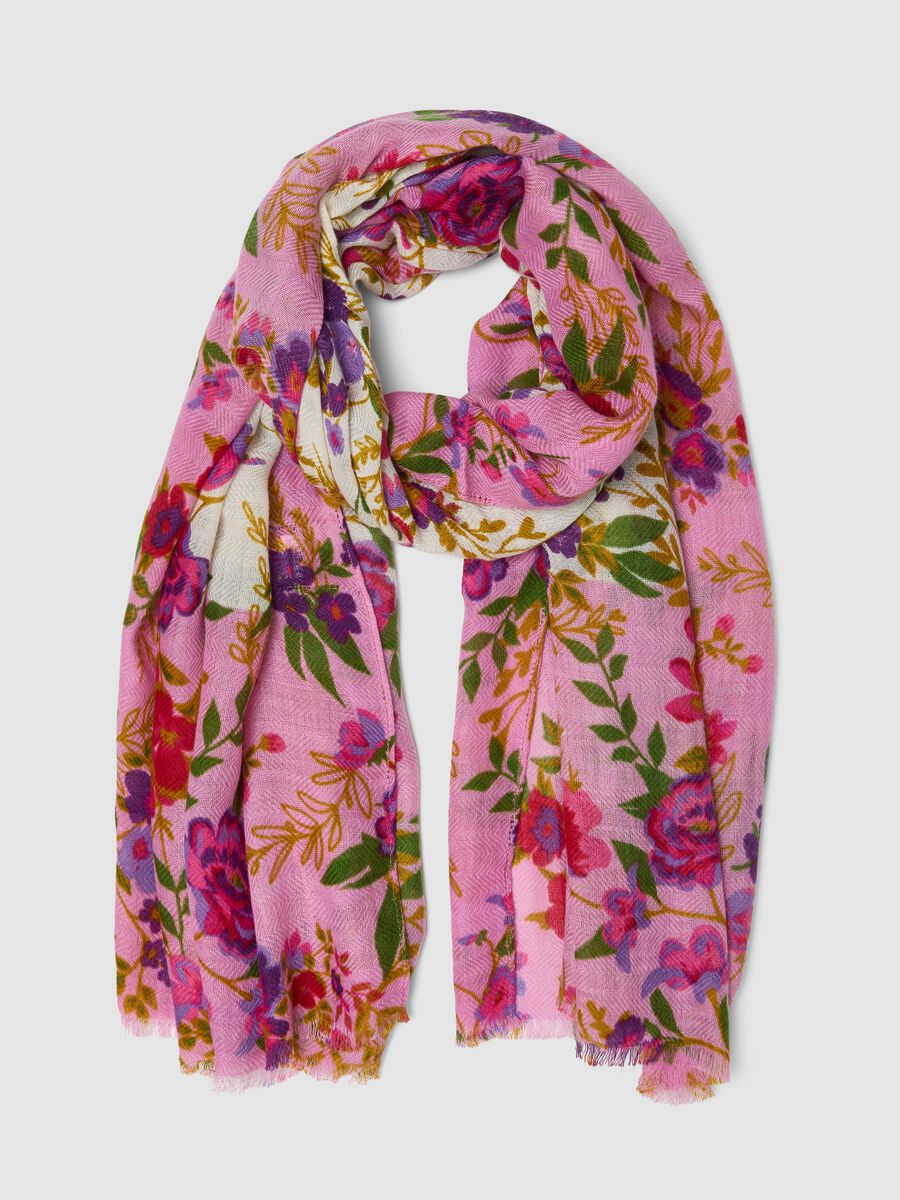 Pink wool-blend floral print scarf_0